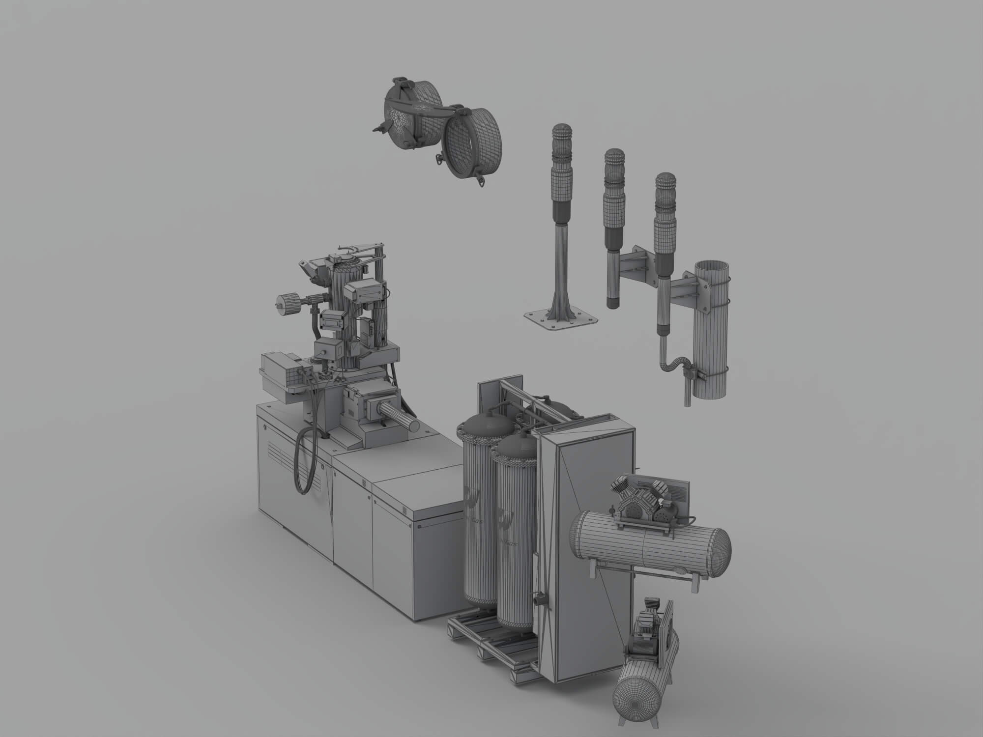 Industrial Gas Processing Equipment Set with Warning Lights 3D Model