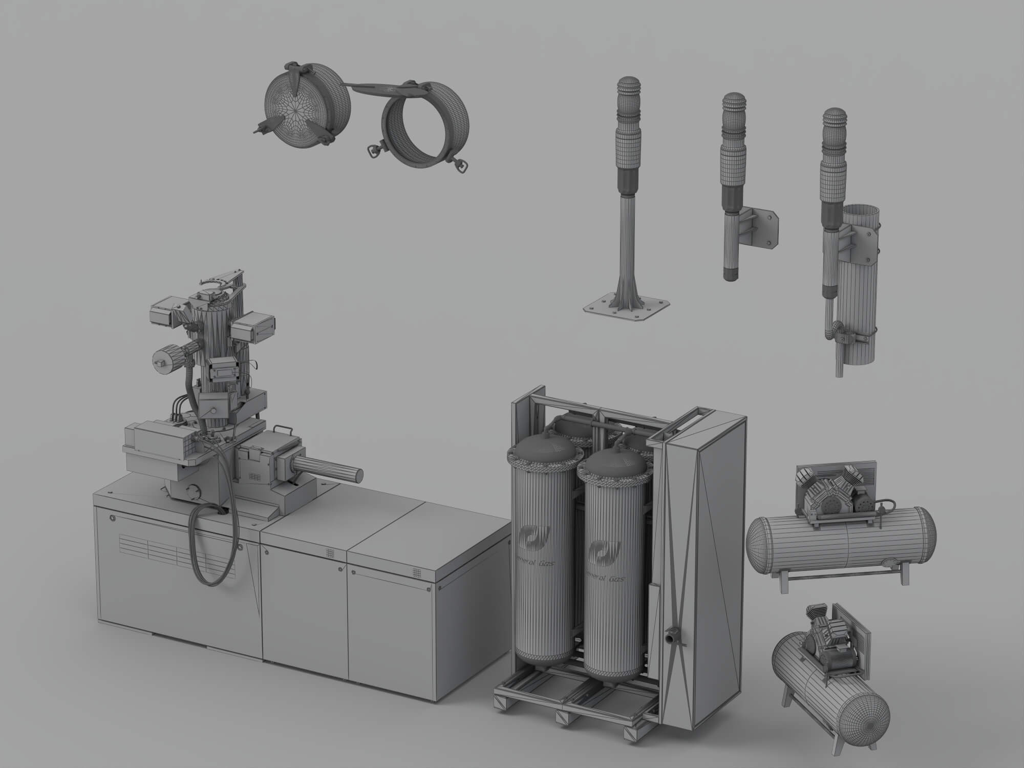 Industrial Gas Processing Equipment Set with Warning Lights 3D Model