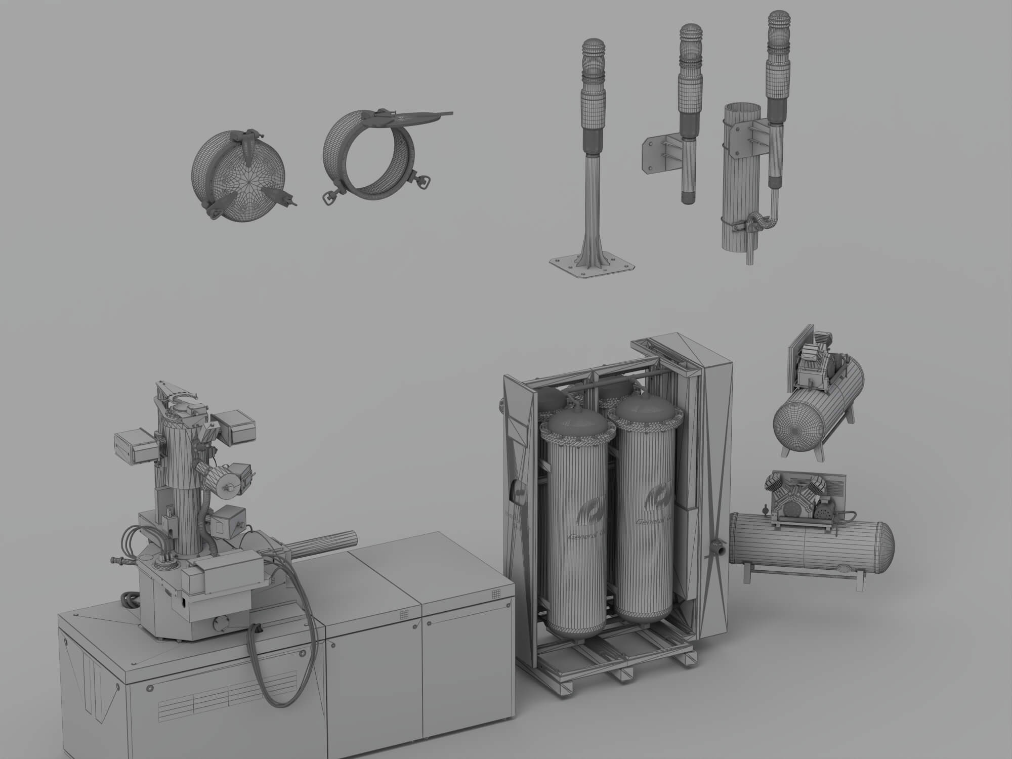 Industrial Gas Processing Equipment Set with Warning Lights 3D Model