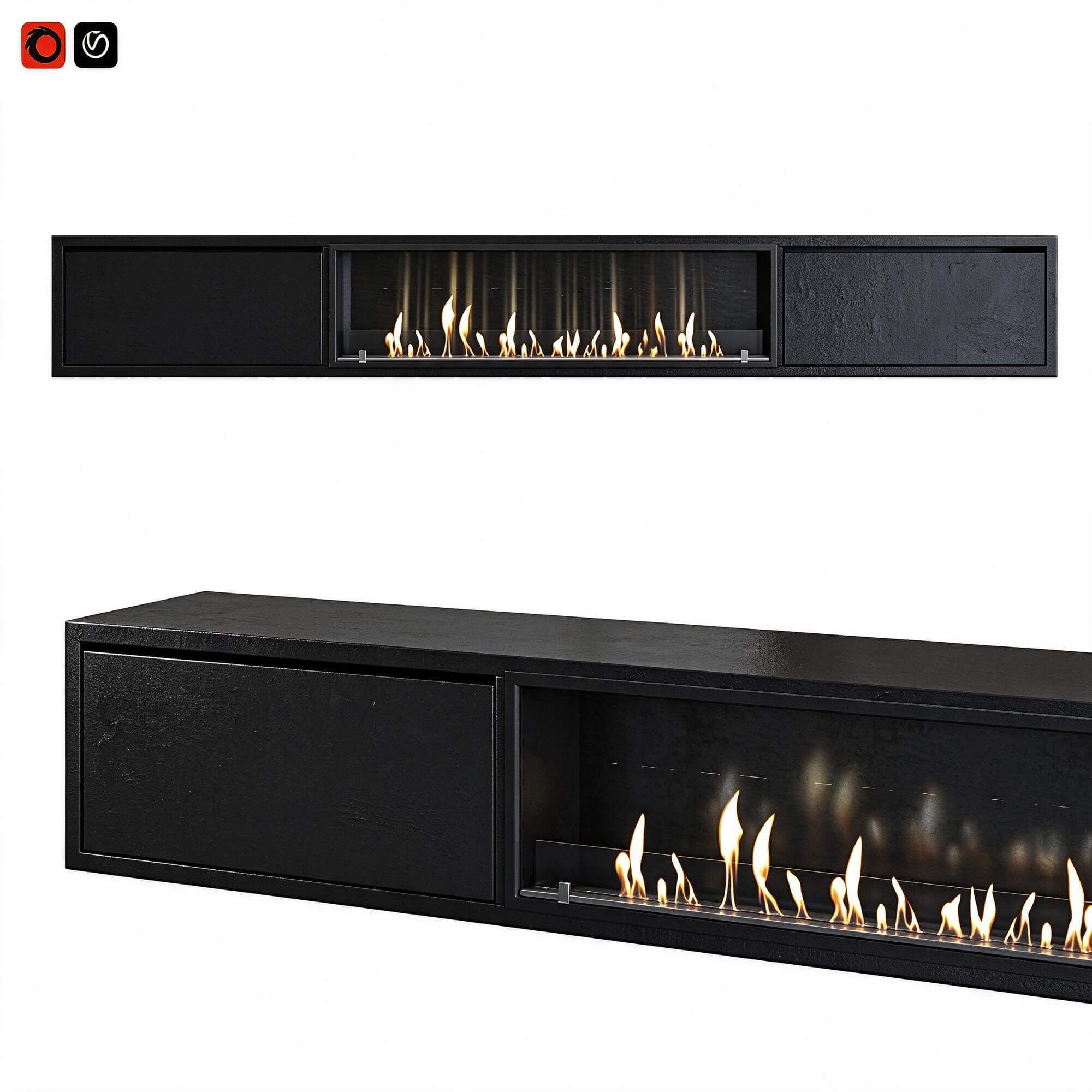 Long Black Linear Bio Fireplace Storage Cabinet 3D Model 3D Model