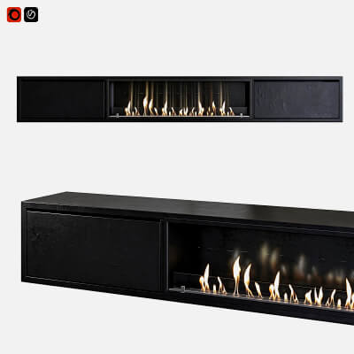 Long Black Linear Bio Fireplace Storage Cabinet 3D Model