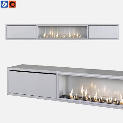 Long Linear Bio Fireplace Cabinet Light Grey Storage Unit 3D