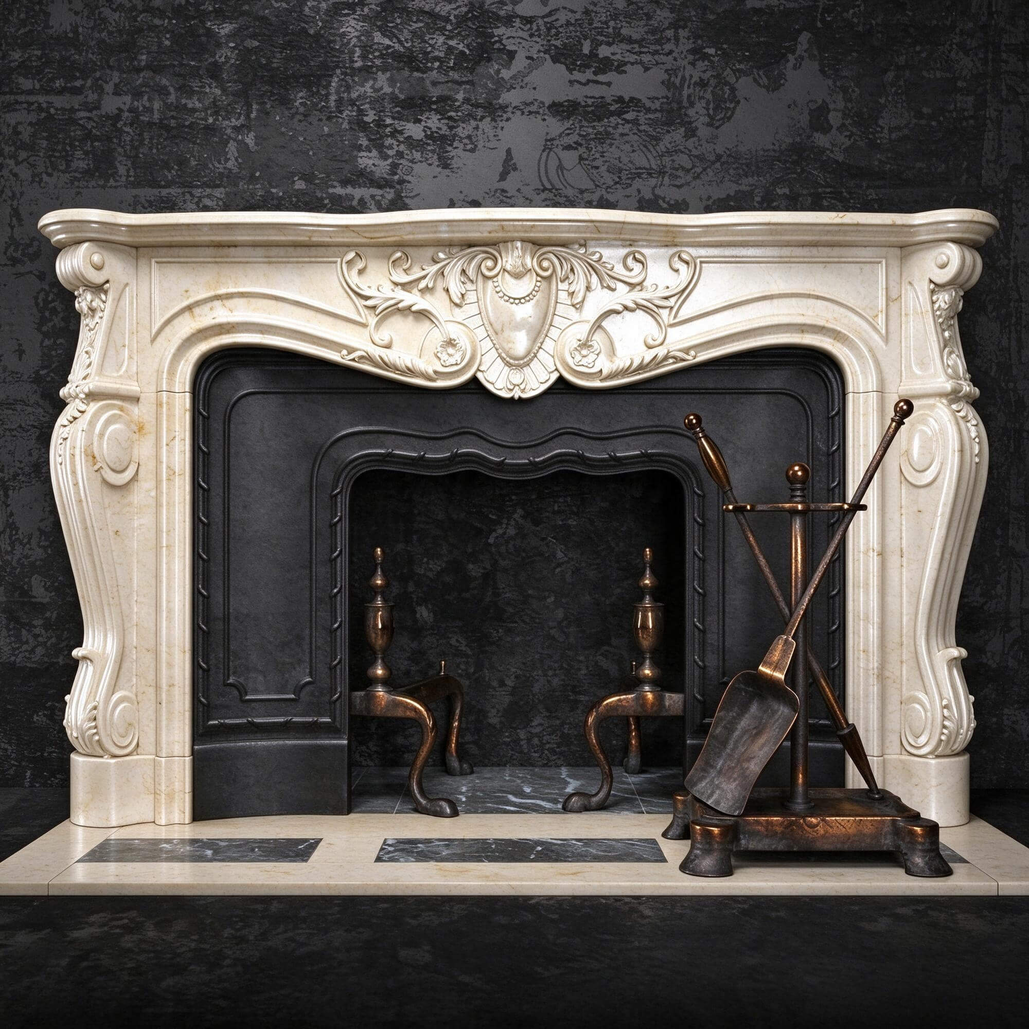 Luxury Rococo Marble Fireplace Mantel with Bronze Fireplace 3D Model