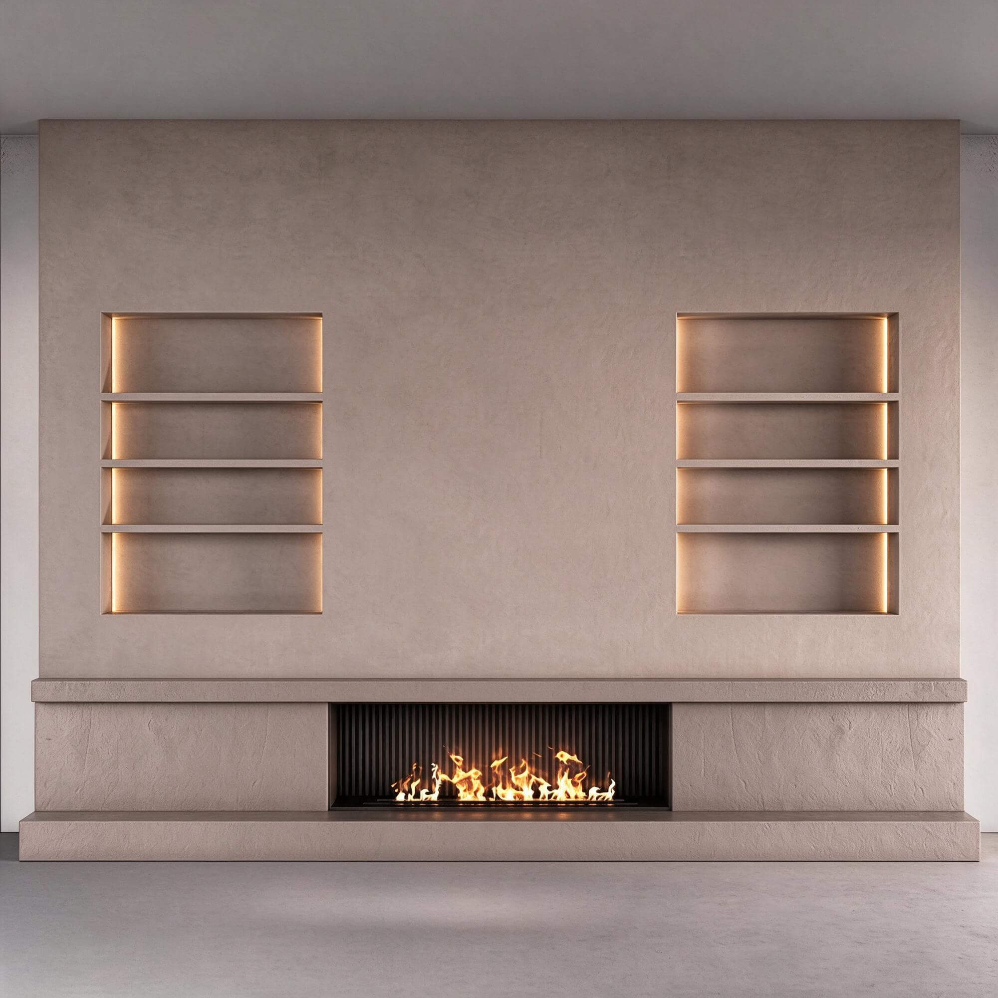 Minimalist Plaster Fireplace Wall with Built In Illuminated 3D Model