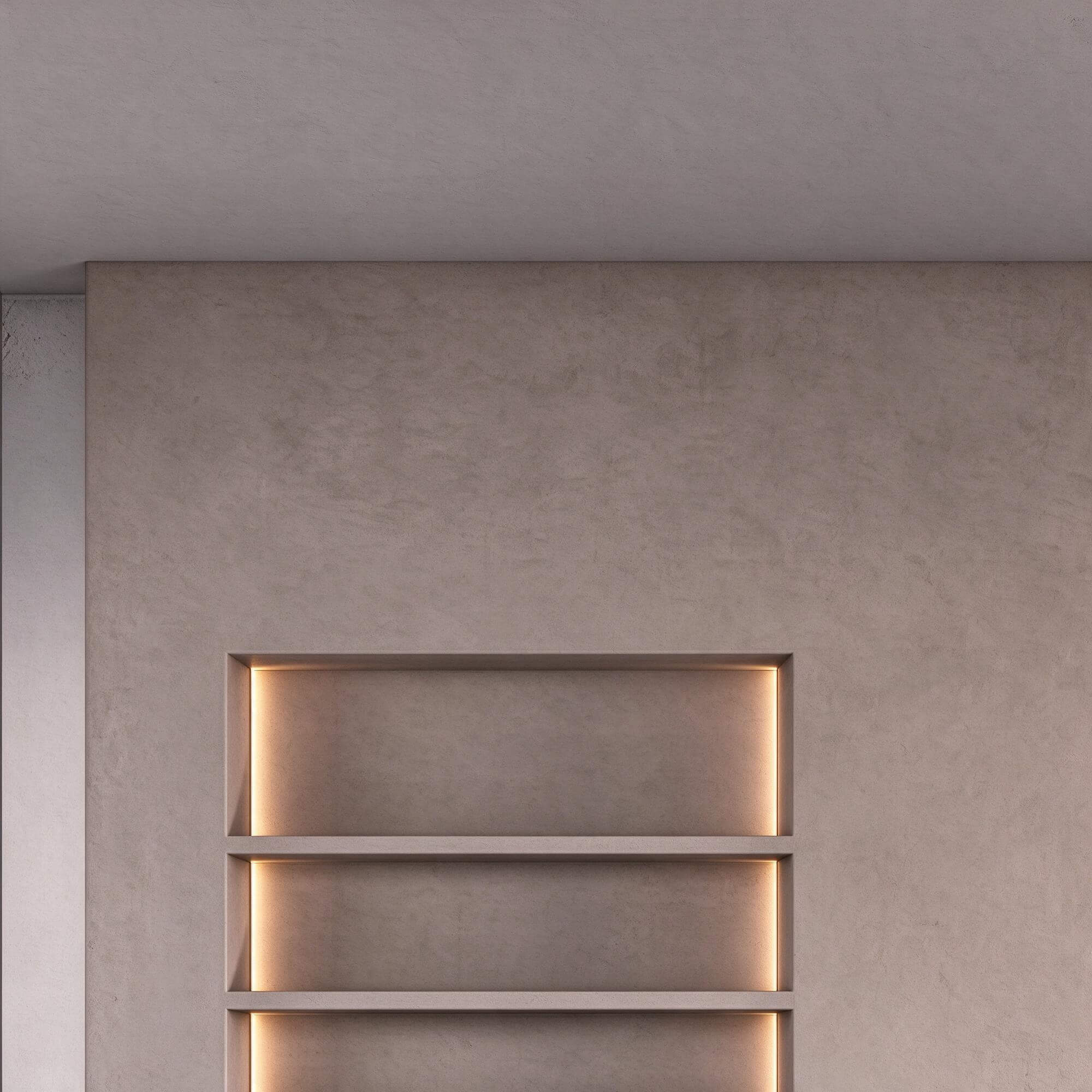 Minimalist Plaster Fireplace Wall with Built In Illuminated 3D Model