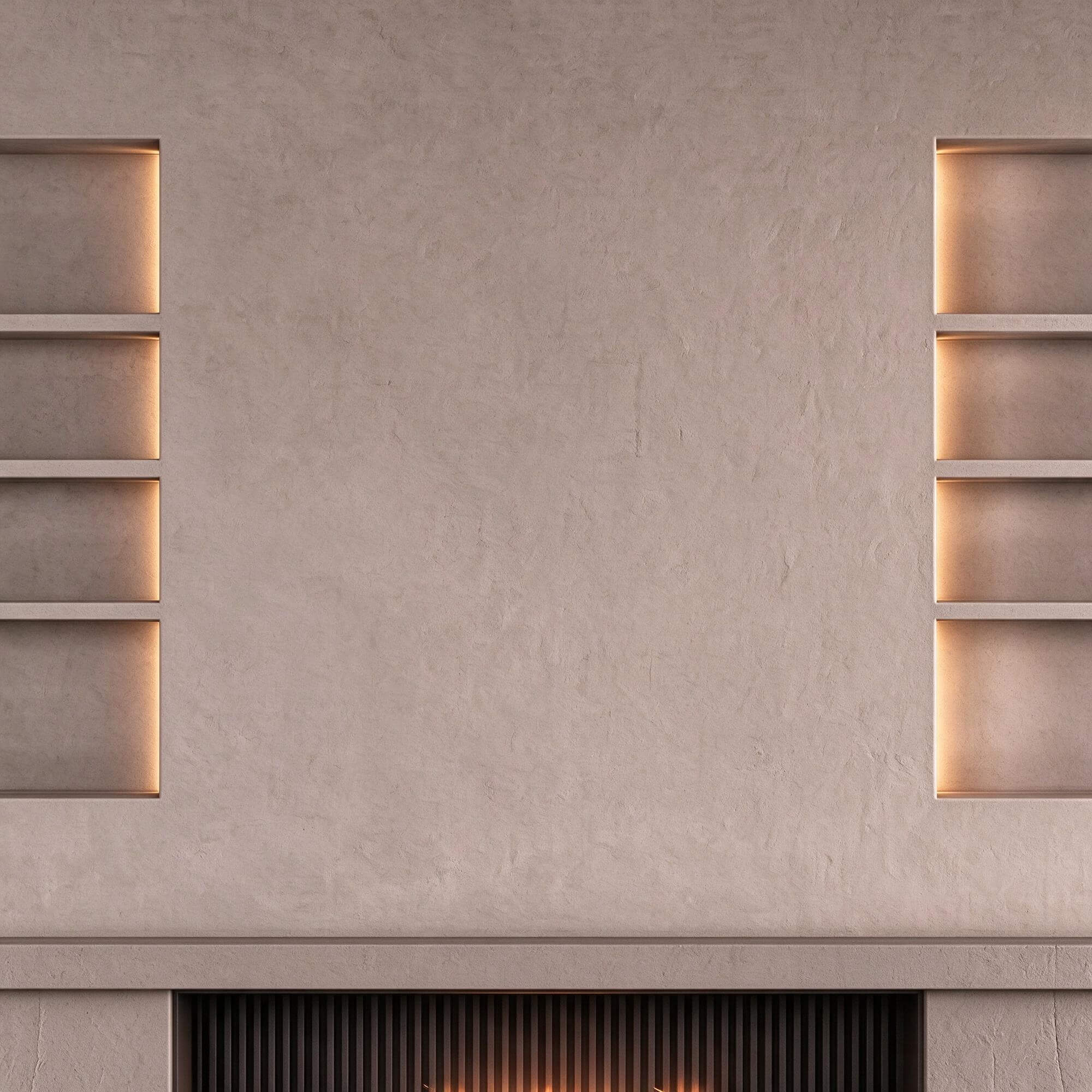 Minimalist Plaster Fireplace Wall with Built In Illuminated 3D Model