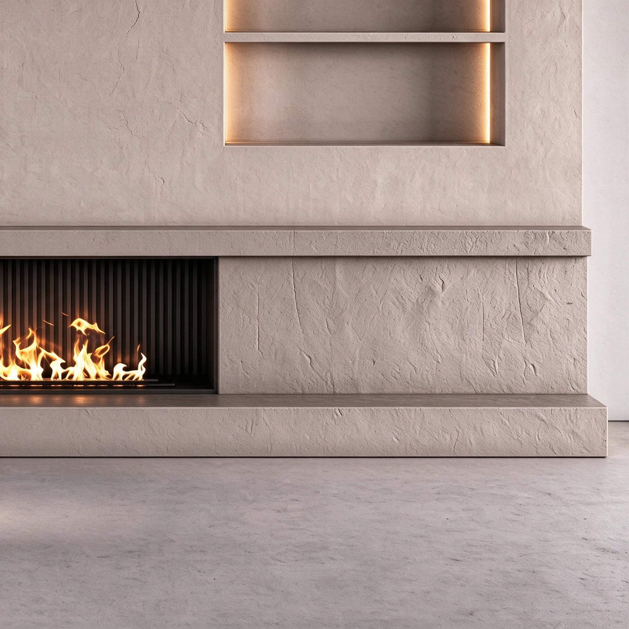 Minimalist Plaster Fireplace Wall with Built In Illuminated 3D Model