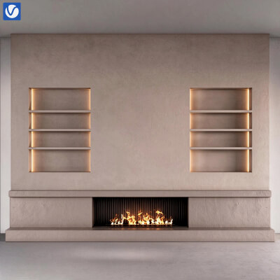 Minimalist Plaster Fireplace Wall with Built In Illuminated