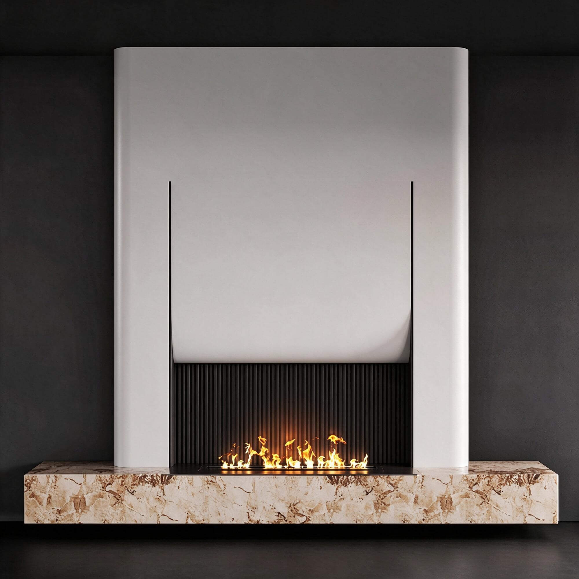 Modern Curved White Fireplace with Marble Plinth Linear Fire 3D Model
