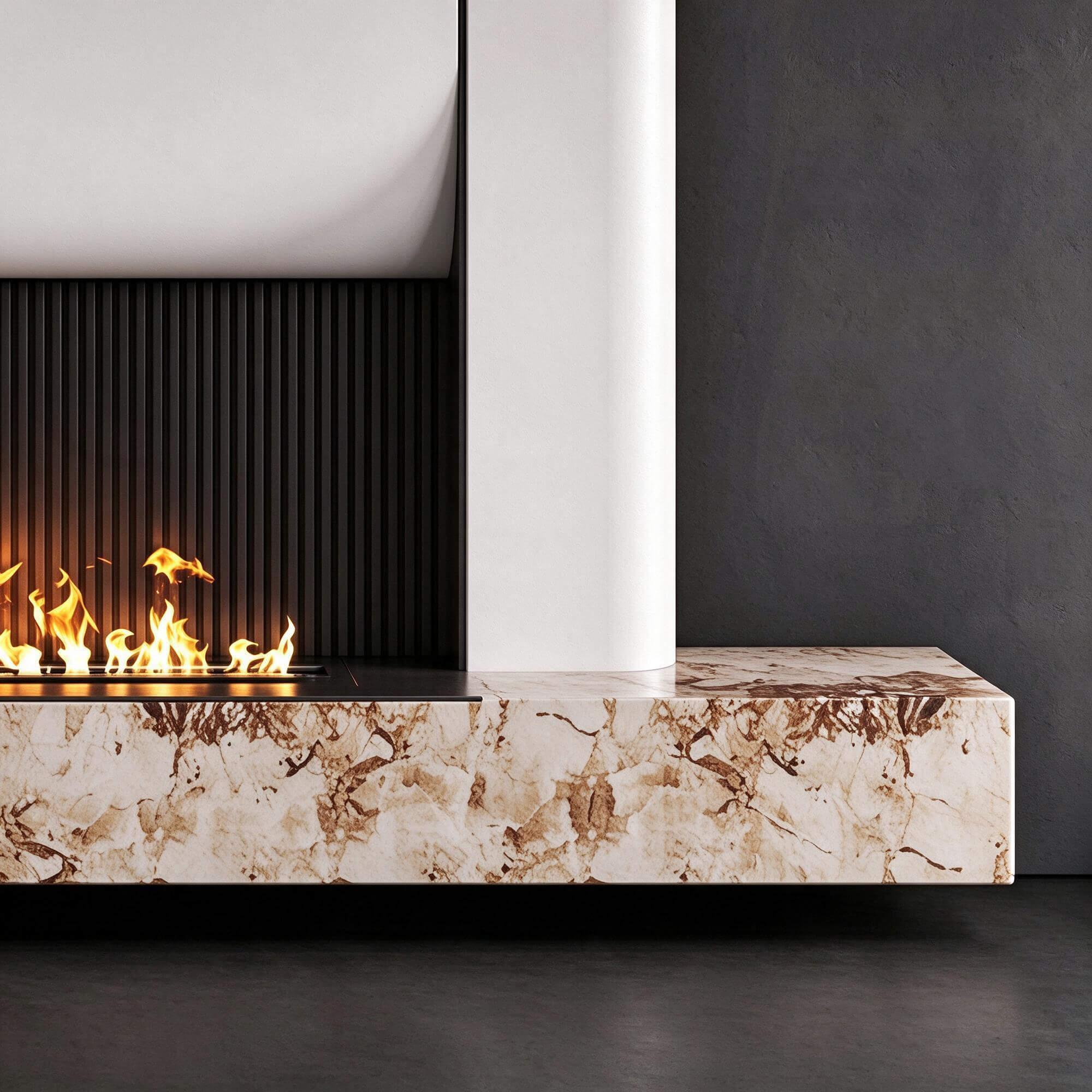 Modern Curved White Fireplace with Marble Plinth Linear Fire 3D Model