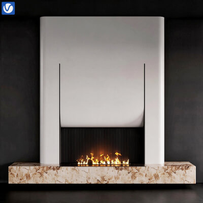 Modern Curved White Fireplace with Marble Plinth Linear Fire