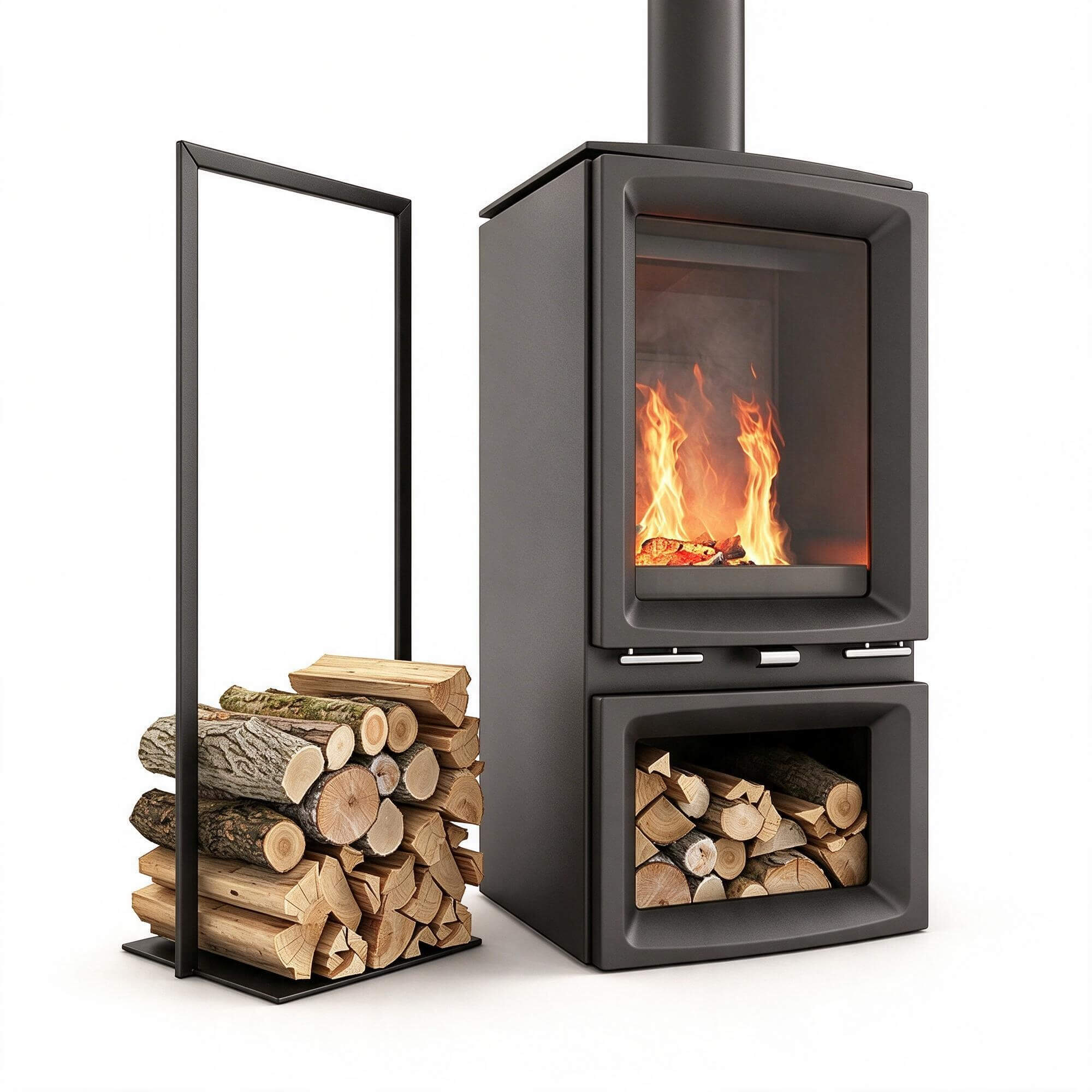 Modern Freestanding Wood Stove with Built in Log Storage and 3D Model