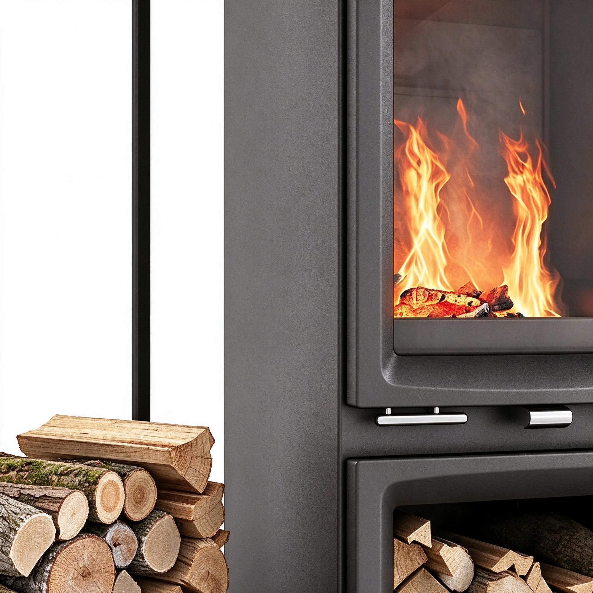 Modern Freestanding Wood Stove with Built in Log Storage and 3D Model