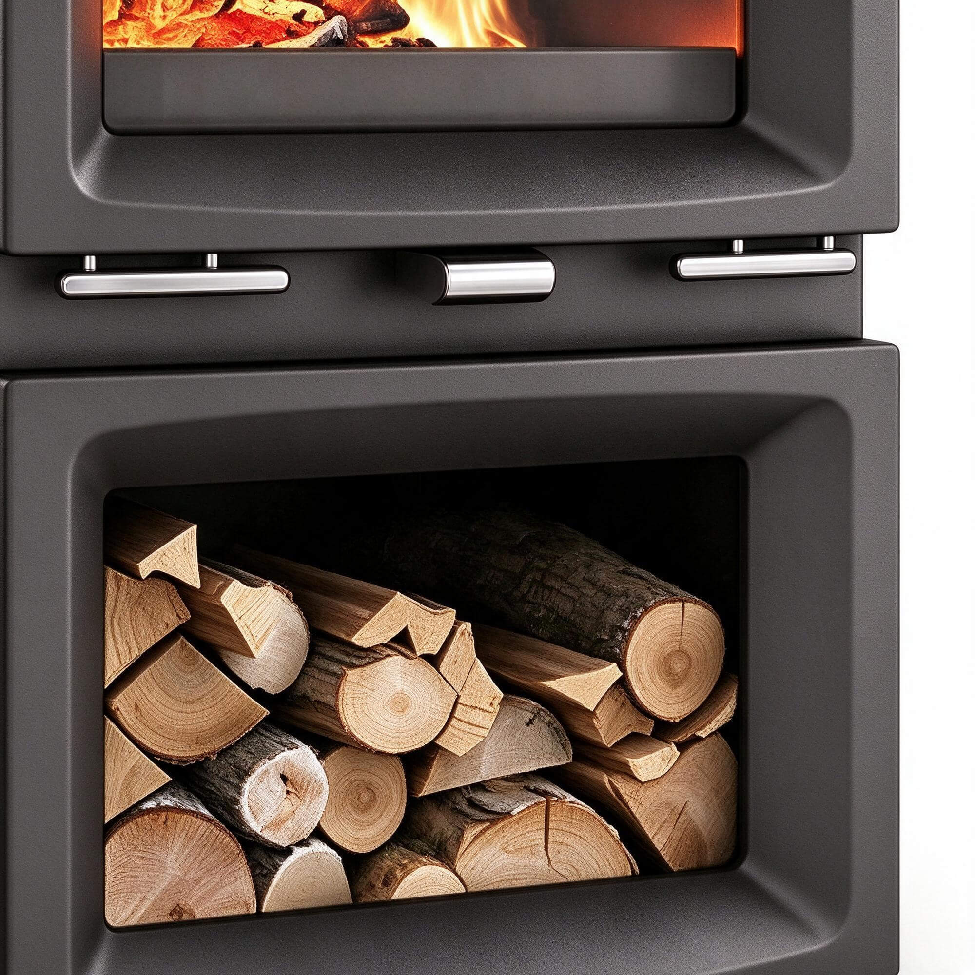 Modern Freestanding Wood Stove with Built in Log Storage and 3D Model