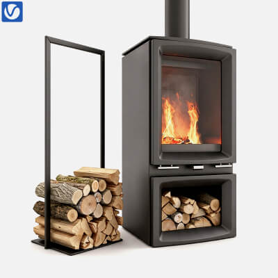 Modern Freestanding Wood Stove with Built in Log Storage and
