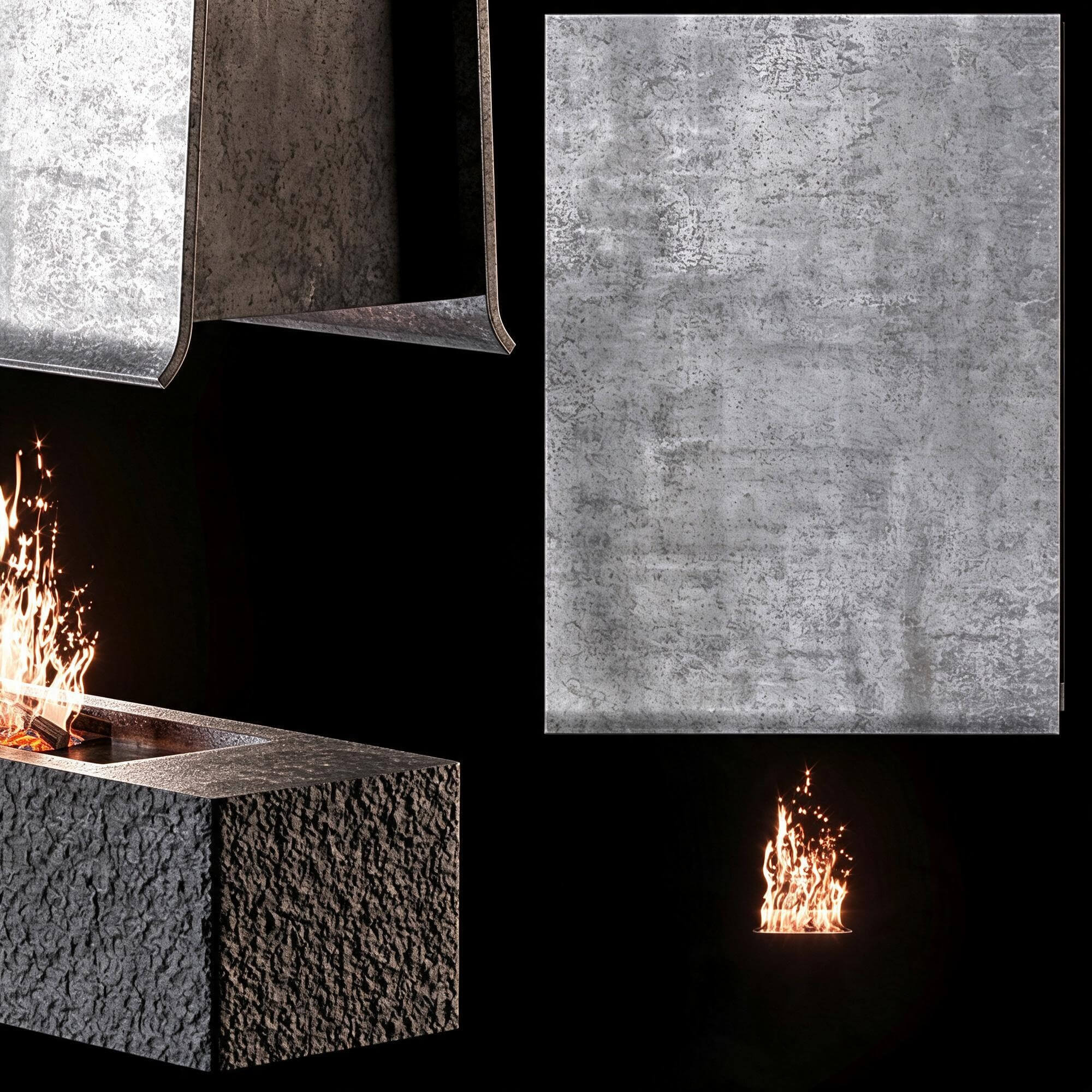 Modern Rectangular Textured Stone Bio Fireplace 3D Model 3D Model