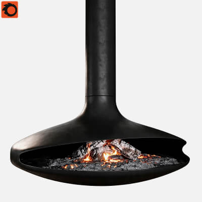 Modern Suspended Black Curved Wood Burning Fireplace 3D Mode