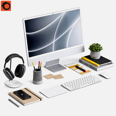 Modern Workspace Desk Set with Computer Camera and Stationer 3D Model