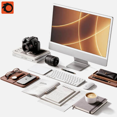 Modern Workspace Desk Set with Computer Camera and Stationer 3D Model