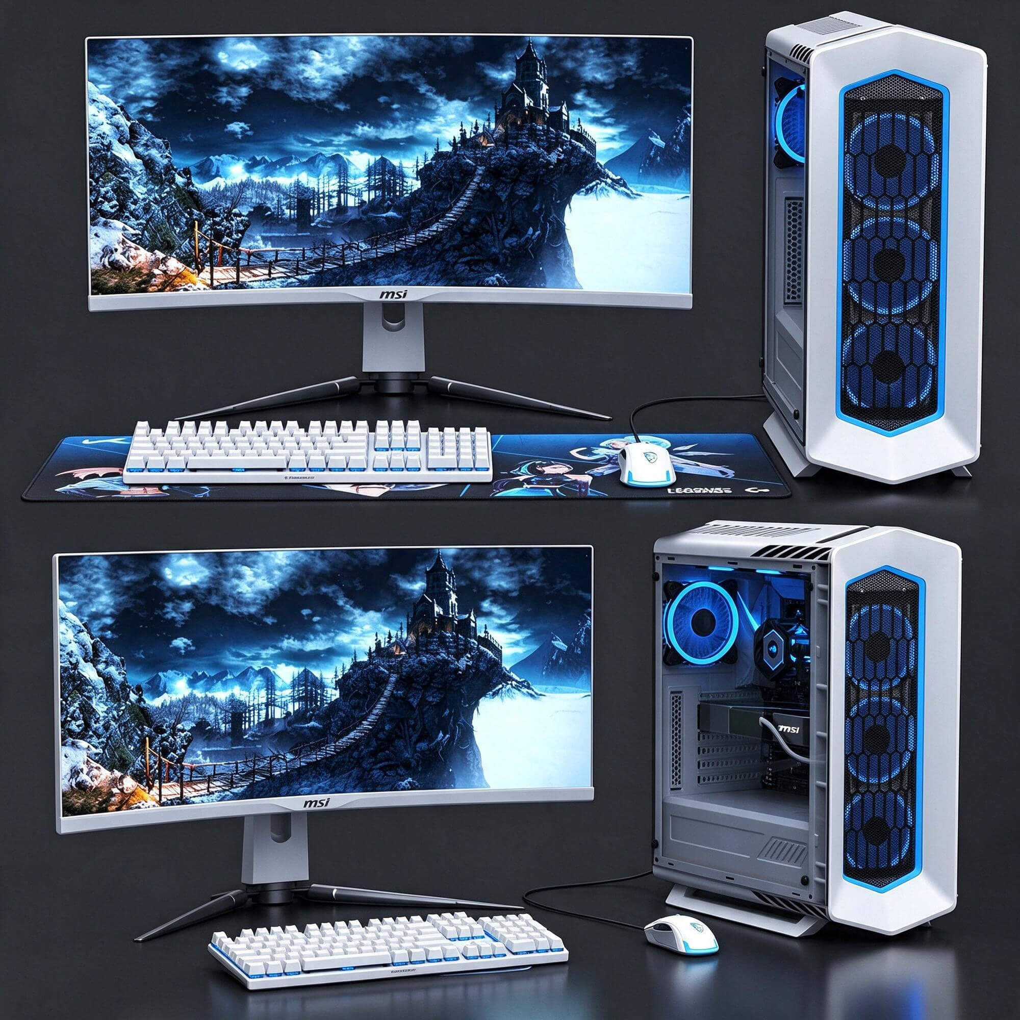 MSI White Gaming PC Set Curved Monitor Blue RGB 3D Model 3D Model
