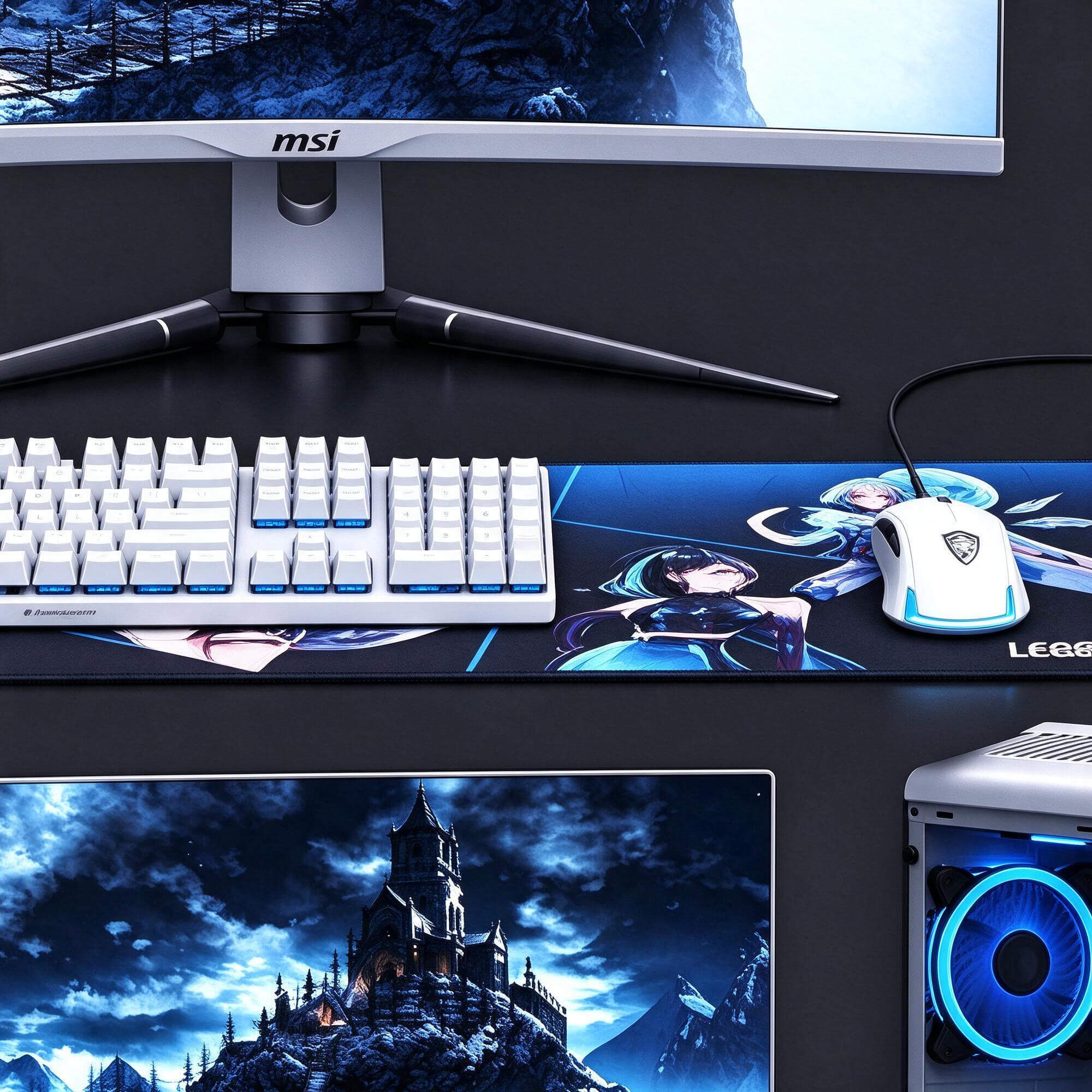 MSI White Gaming PC Set Curved Monitor Blue RGB 3D Model 3D Model