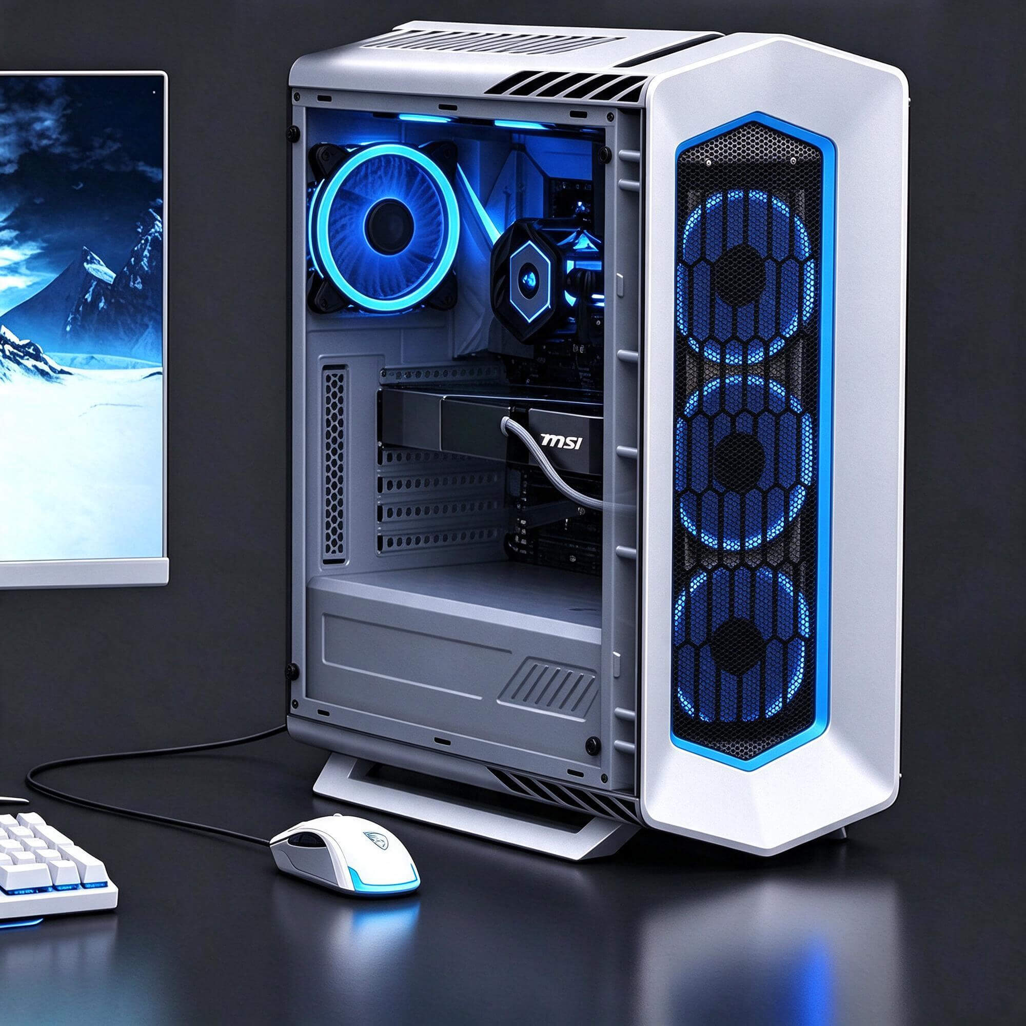 MSI White Gaming PC Set Curved Monitor Blue RGB 3D Model 3D Model