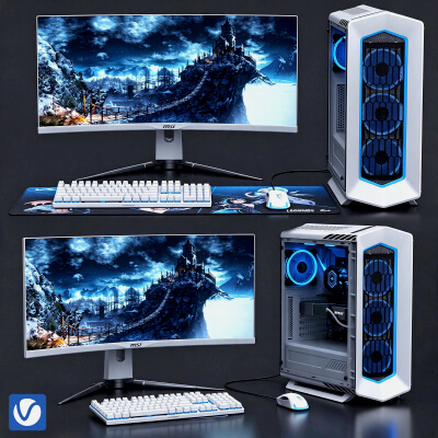 MSI White Gaming PC Set Curved Monitor Blue RGB 3D Model 3D Model