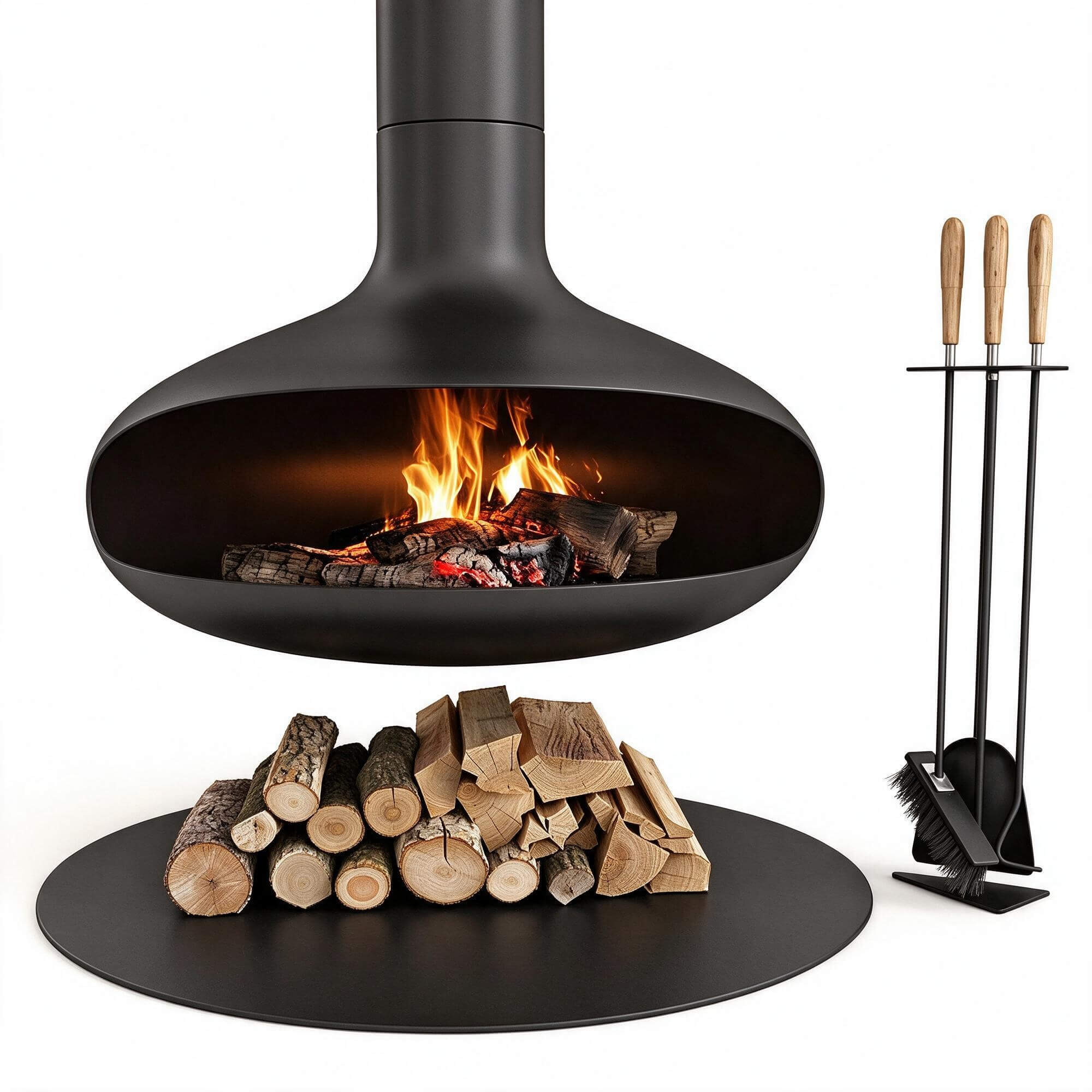 Oval Suspended Wood Burning Fireplace with Log Pile and Fire 3D Model