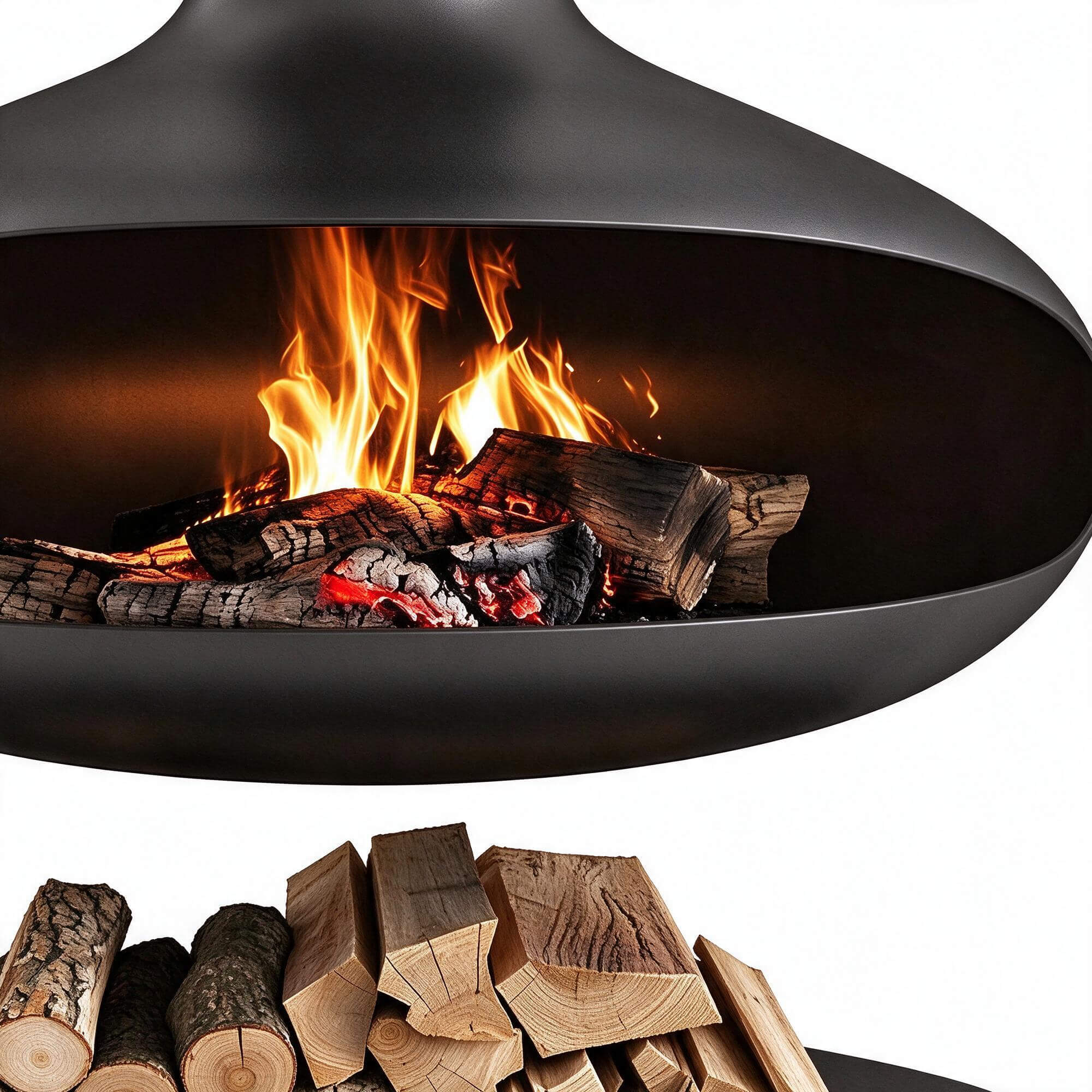Oval Suspended Wood Burning Fireplace with Log Pile and Fire 3D Model