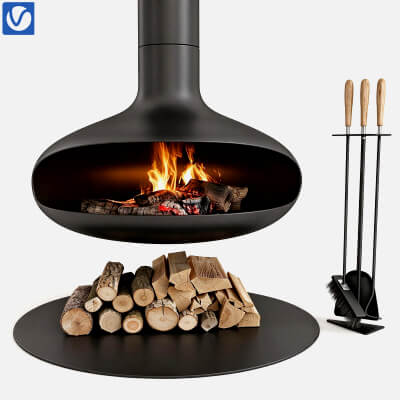 Oval Suspended Wood Burning Fireplace with Log Pile and Fire