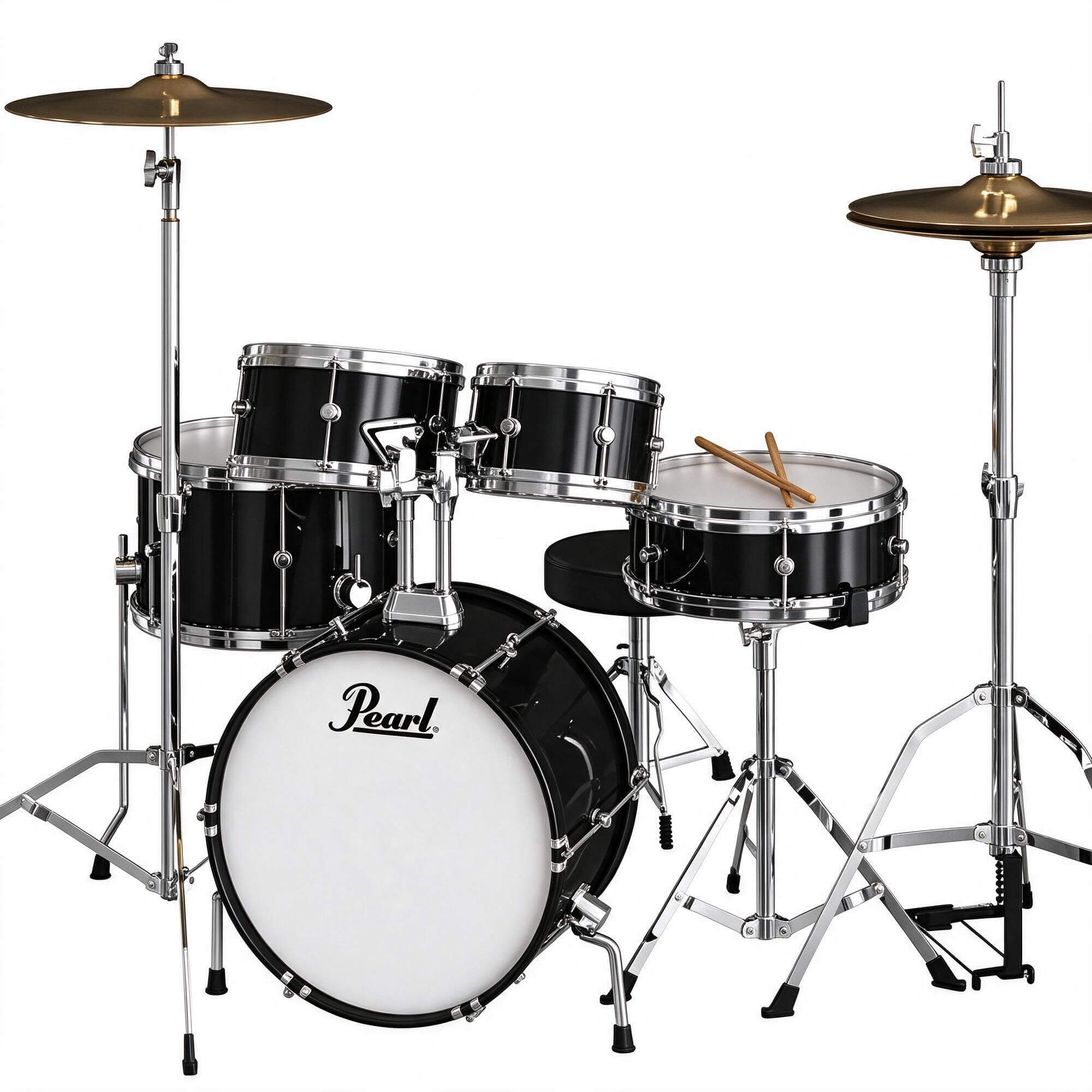 Pearl Black Acoustic Drum Kit with Stool and Drumsticks 3D M 3D Model