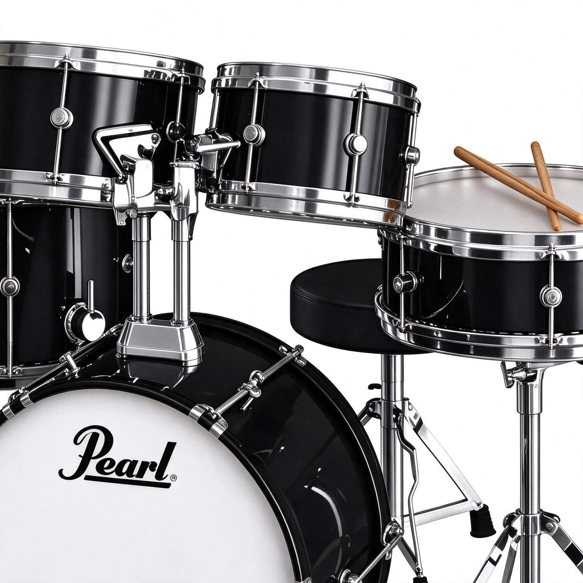Pearl Black Acoustic Drum Kit with Stool and Drumsticks 3D M 3D Model