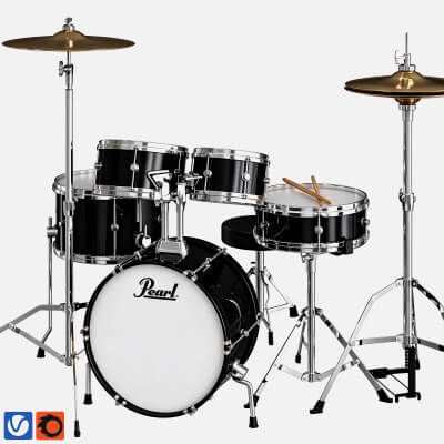 Pearl Black Acoustic Drum Kit with Stool and Drumsticks 3D M