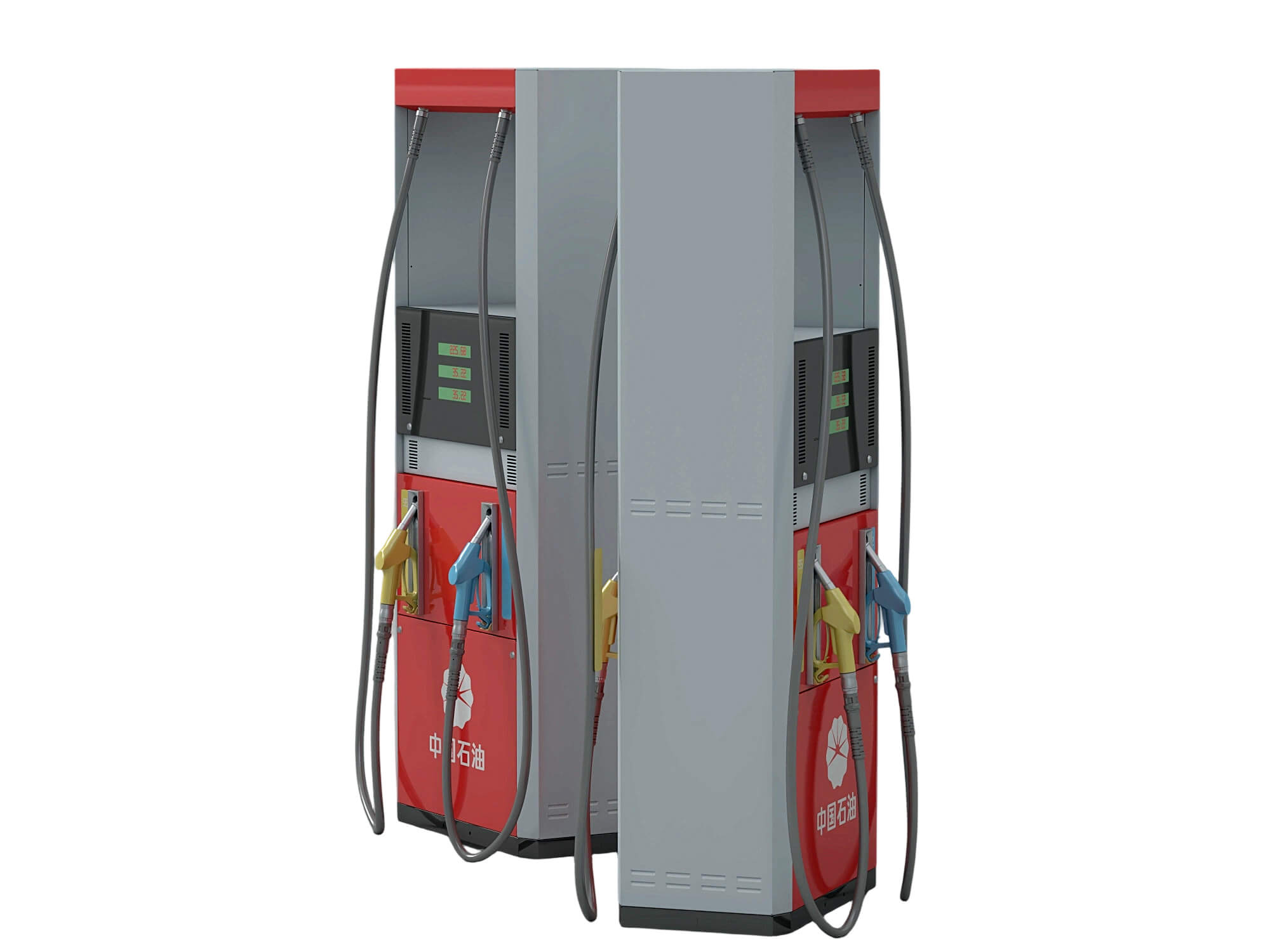 Red and Gray Dual Nozzle Gasoline Fuel Dispenser Two Views 3D Model