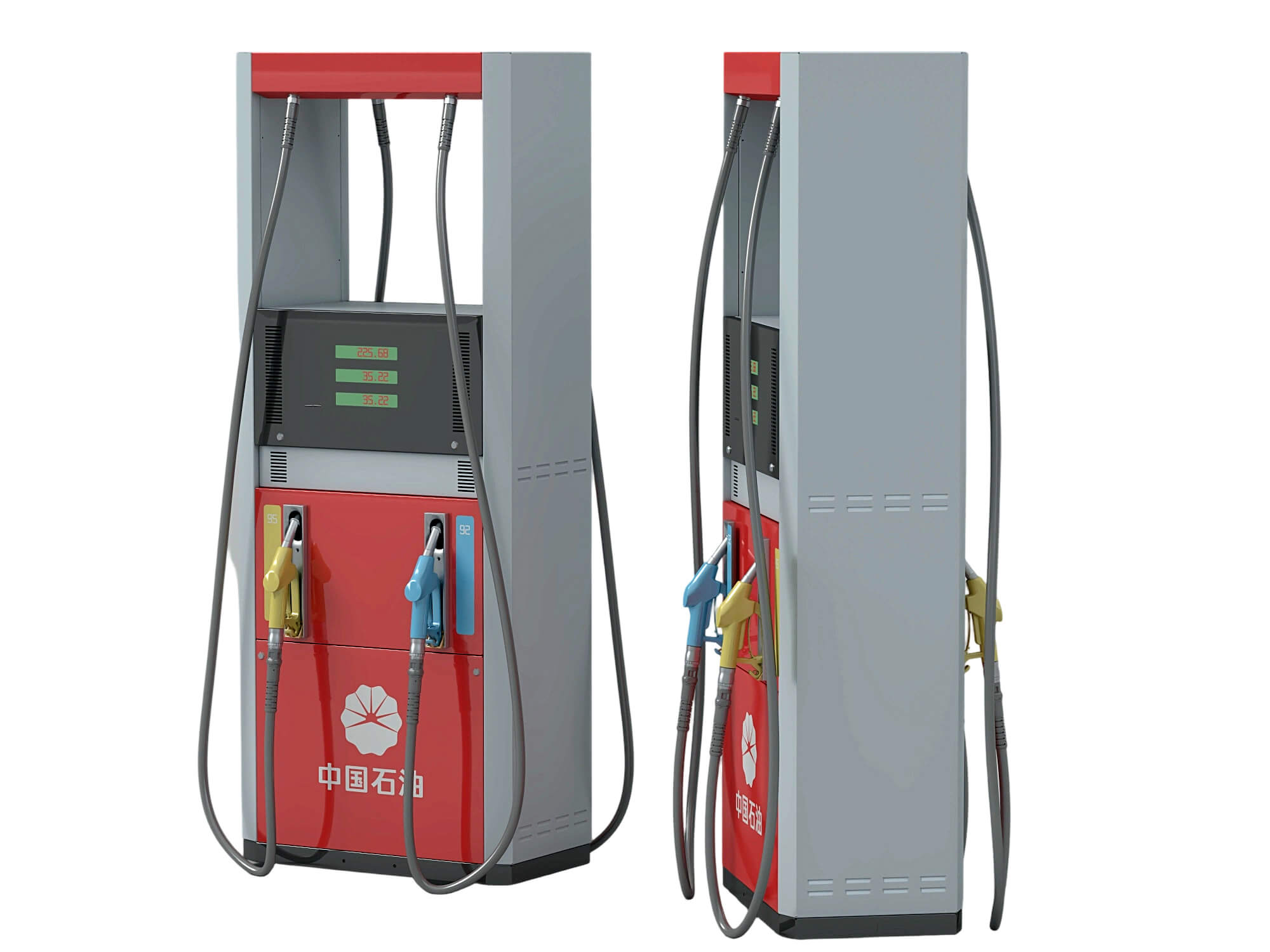 Red and Gray Dual Nozzle Gasoline Fuel Dispenser Two Views 3D Model