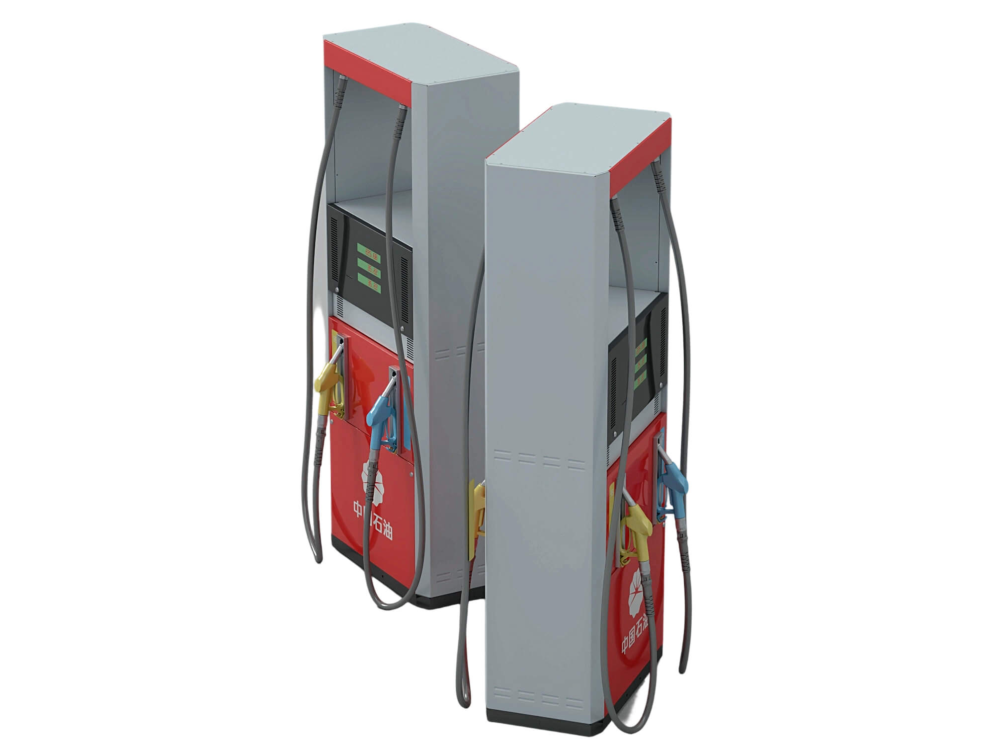 Red and Gray Dual Nozzle Gasoline Fuel Dispenser Two Views 3D Model