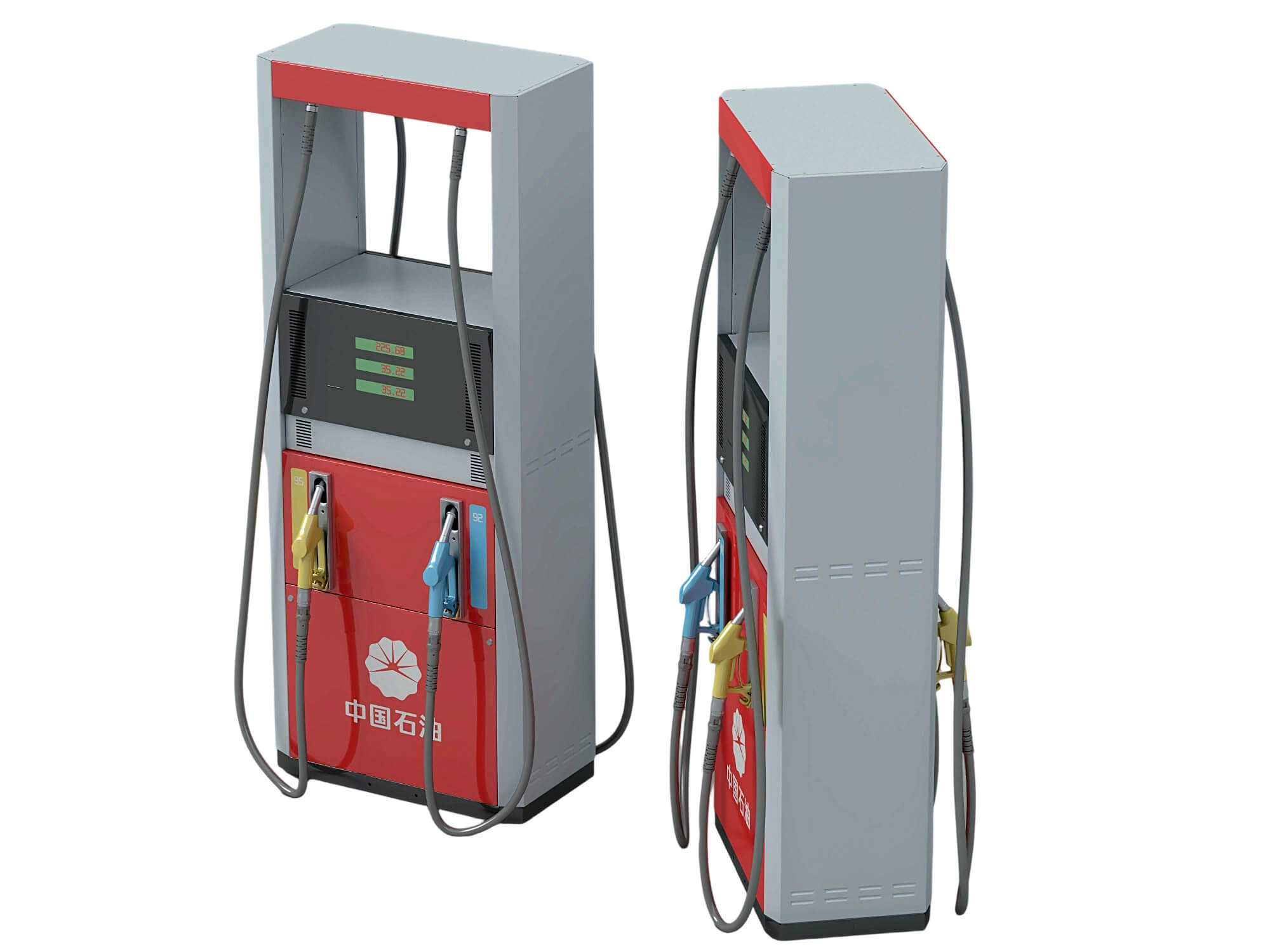 Red and Gray Dual Nozzle Gasoline Fuel Dispenser Two Views 3D Model