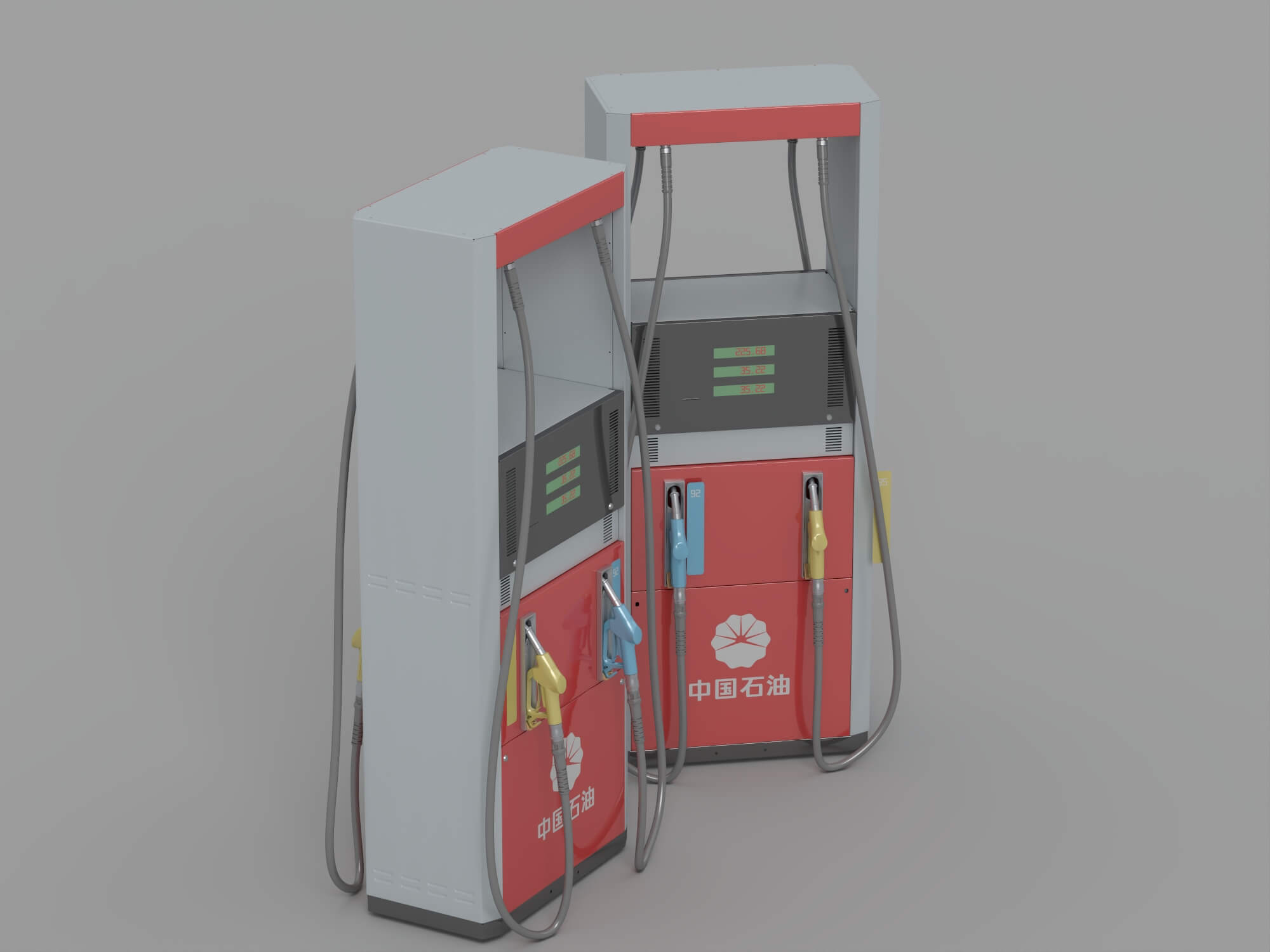 Red and Gray Dual Nozzle Gasoline Fuel Dispenser Two Views 3D Model