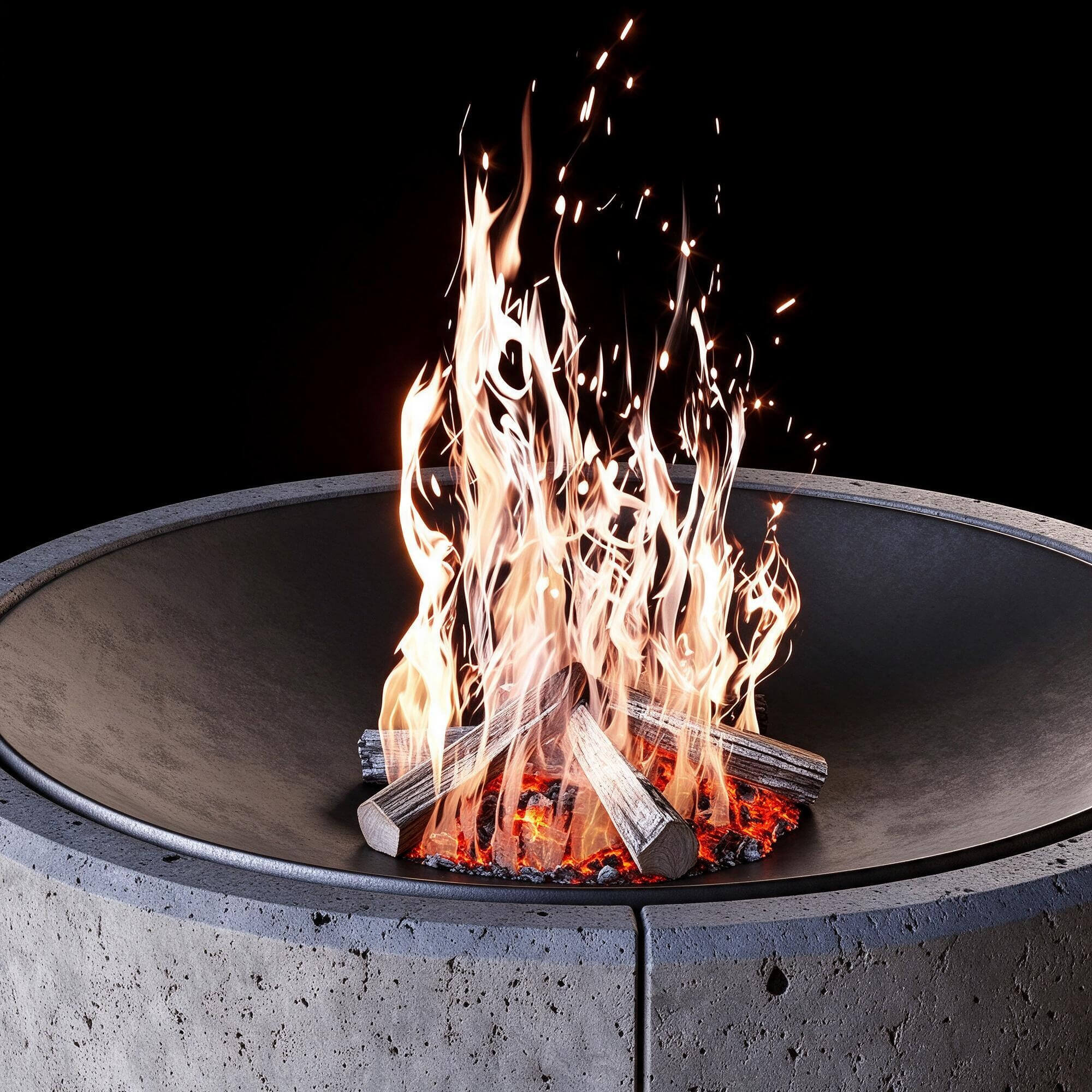 Round Concrete Wood Burning Fire Pit with Flame and Embers 3 3D Model