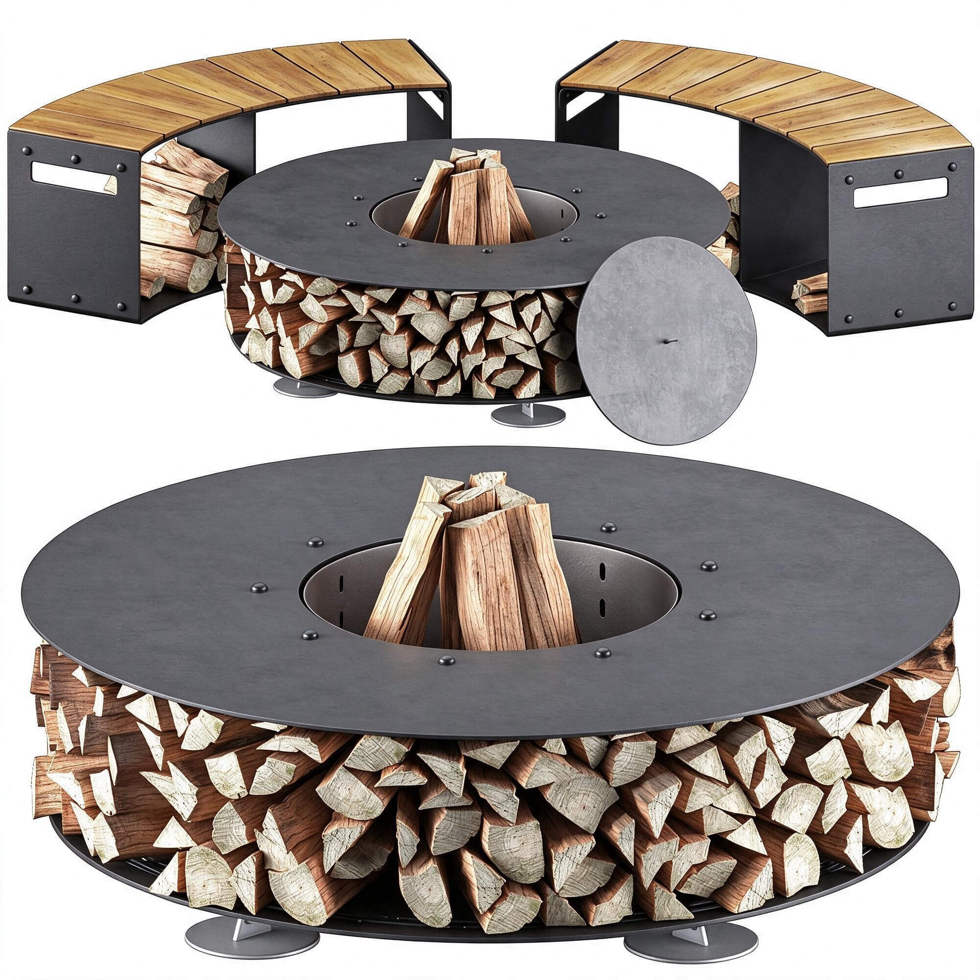 Round Outdoor Wood Burning Fire Pit with Curved Wooden Bench 3D Model