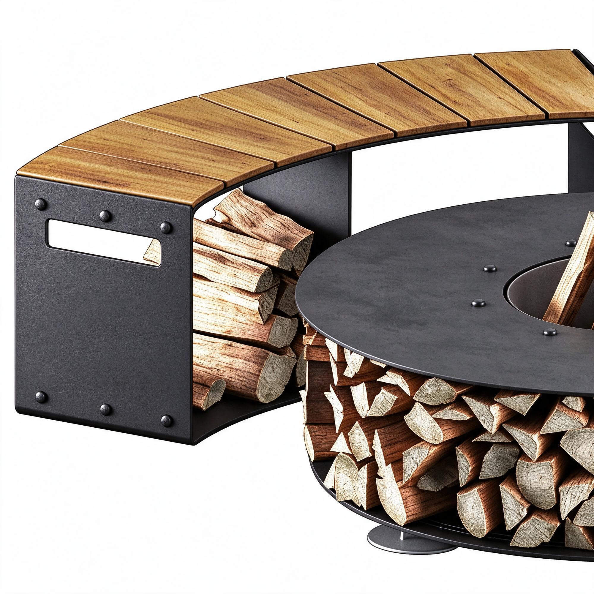 Round Outdoor Wood Burning Fire Pit with Curved Wooden Bench 3D Model
