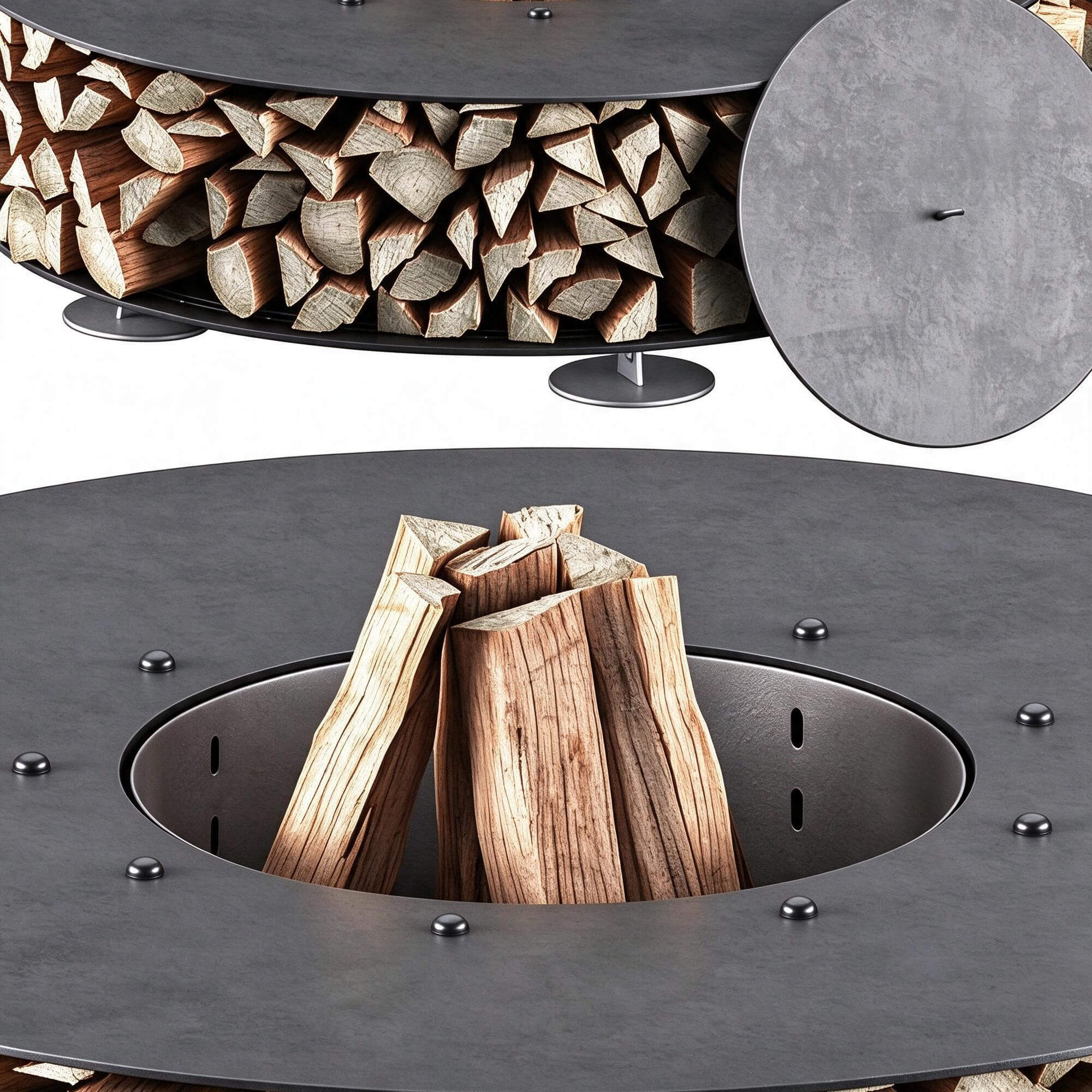 Round Outdoor Wood Burning Fire Pit with Curved Wooden Bench 3D Model