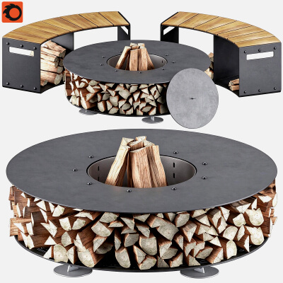 Round Outdoor Wood Burning Fire Pit with Curved Wooden Bench