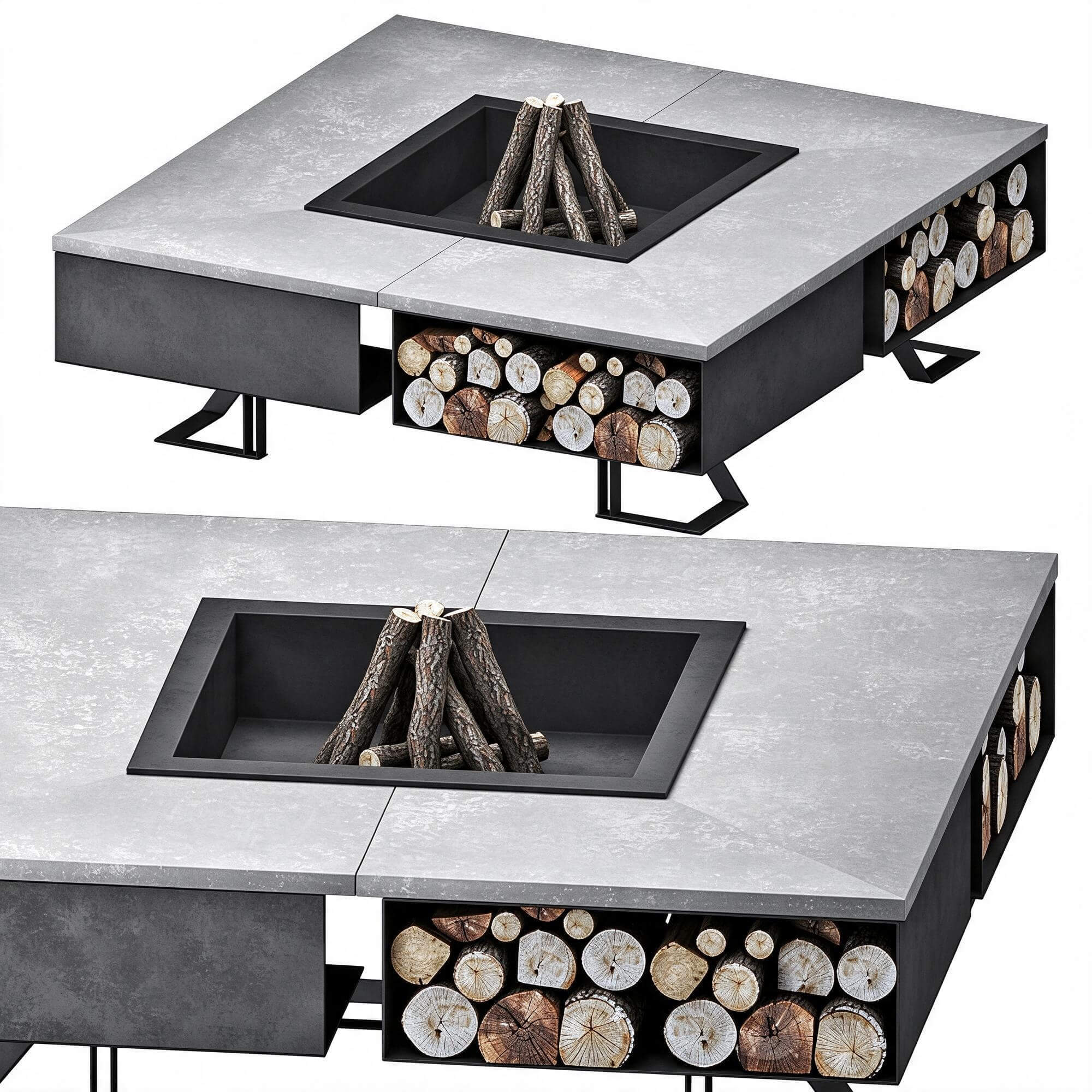 Square Outdoor Fire Pit Table with Firewood Storage 3D Model 3D Model