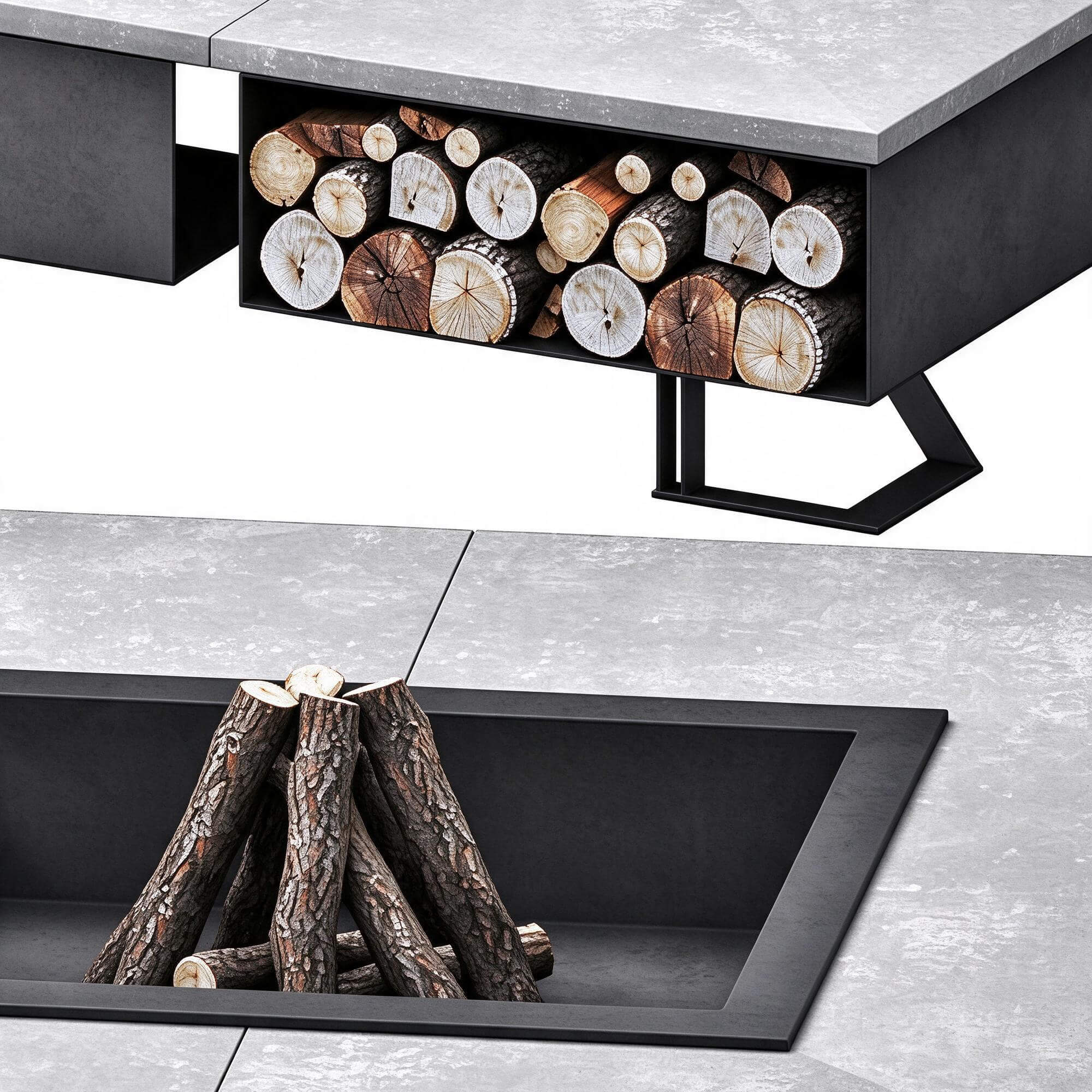 Square Outdoor Fire Pit Table with Firewood Storage 3D Model 3D Model