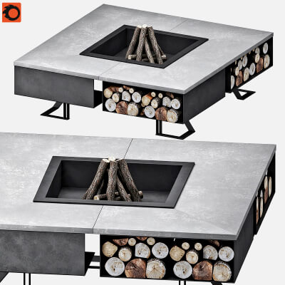 Square Outdoor Fire Pit Table with Firewood Storage 3D Model