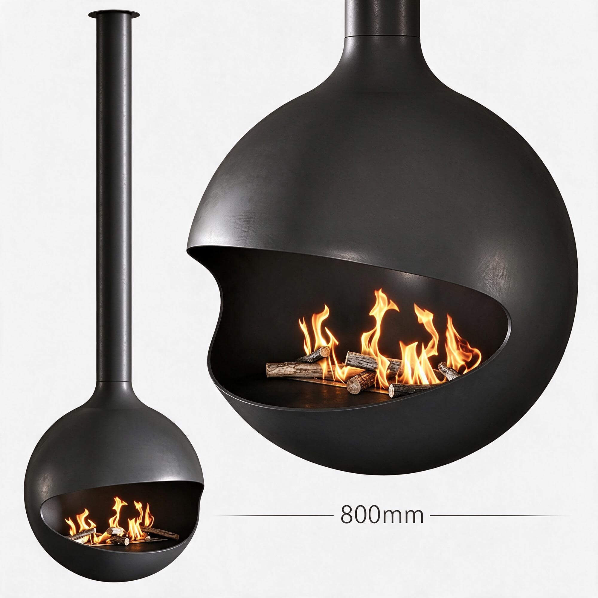 Suspended Spherical Black Metal Wood Burning Fireplace 3D MO 3D Model