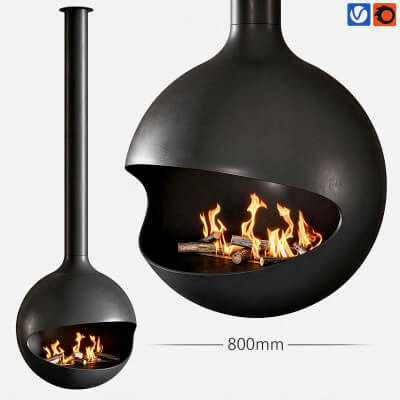 Suspended Spherical Black Metal Wood Burning Fireplace 3D MO