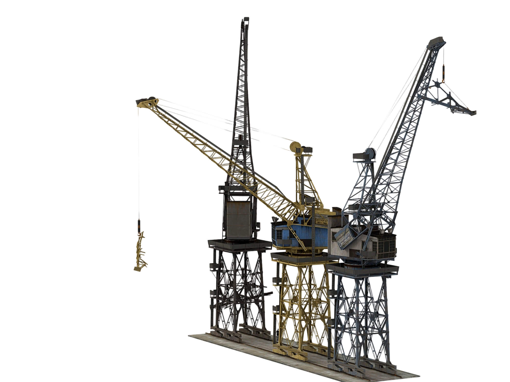 Three Weathered Port Dock Cranes on Shared Rail Base 3D Model