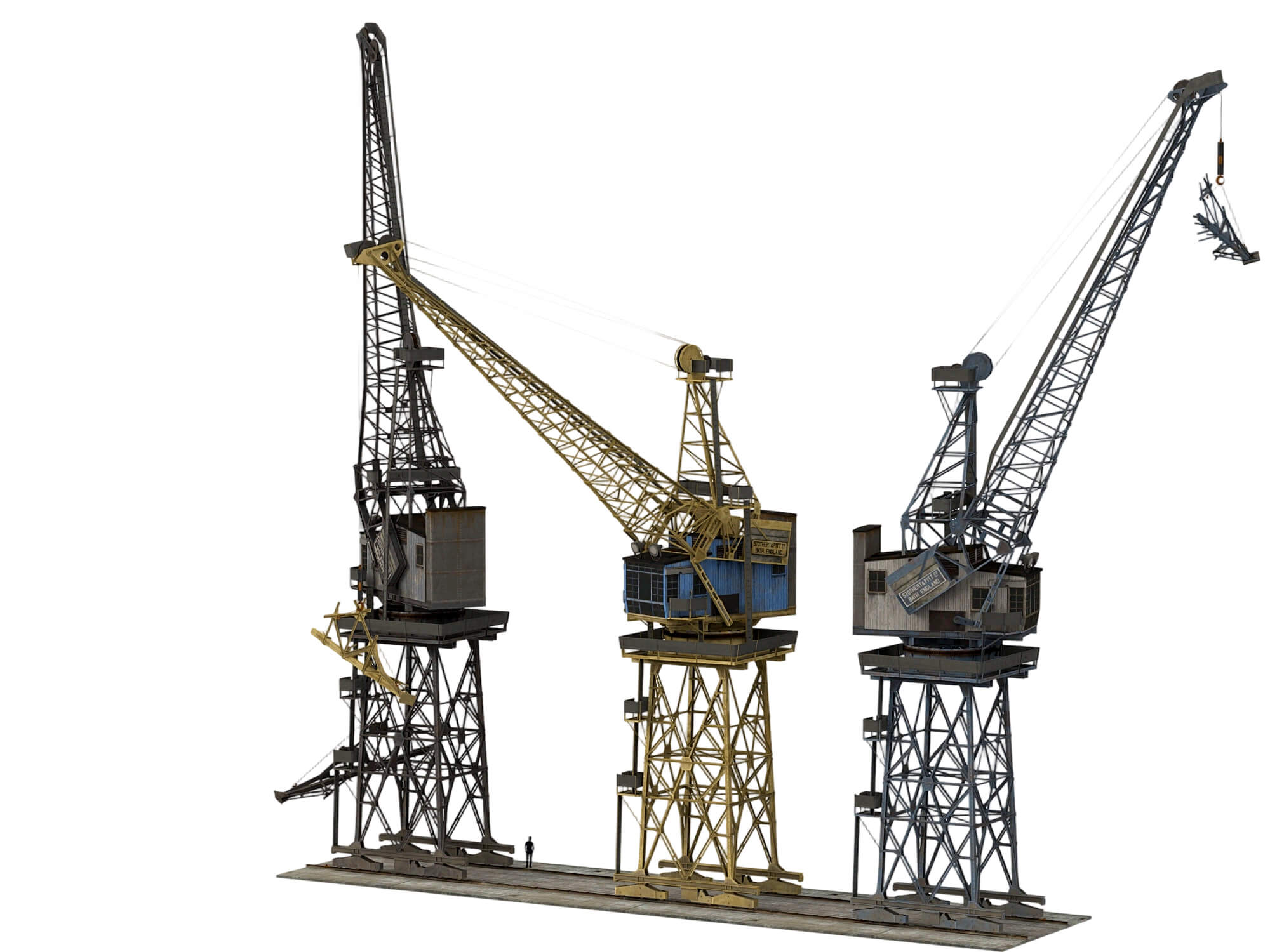Three Weathered Port Dock Cranes on Shared Rail Base 3D Model